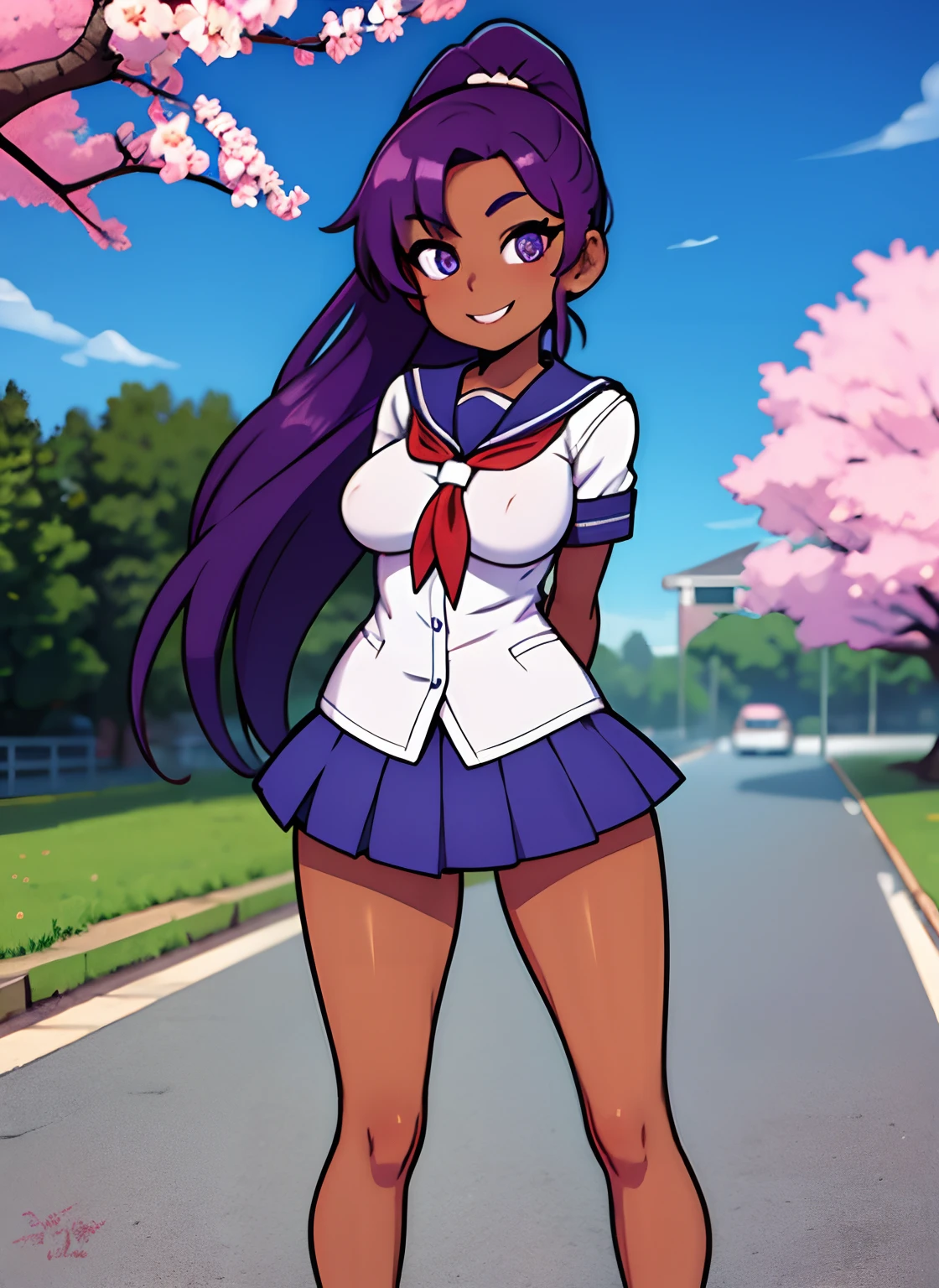 schoolgirl, long hair, purple hair, ponytail, medium breasts, tan skin, (width hips: 1.2), standing, smiling, school uniform, blue miniskirt, hands at sides, looking at viewer, outside, near a tree, arms behind back, (road:0.6), point of view, looking at viewer, facing viewer, perfect eyes, purple eyes, cherry blossom,/shelly/