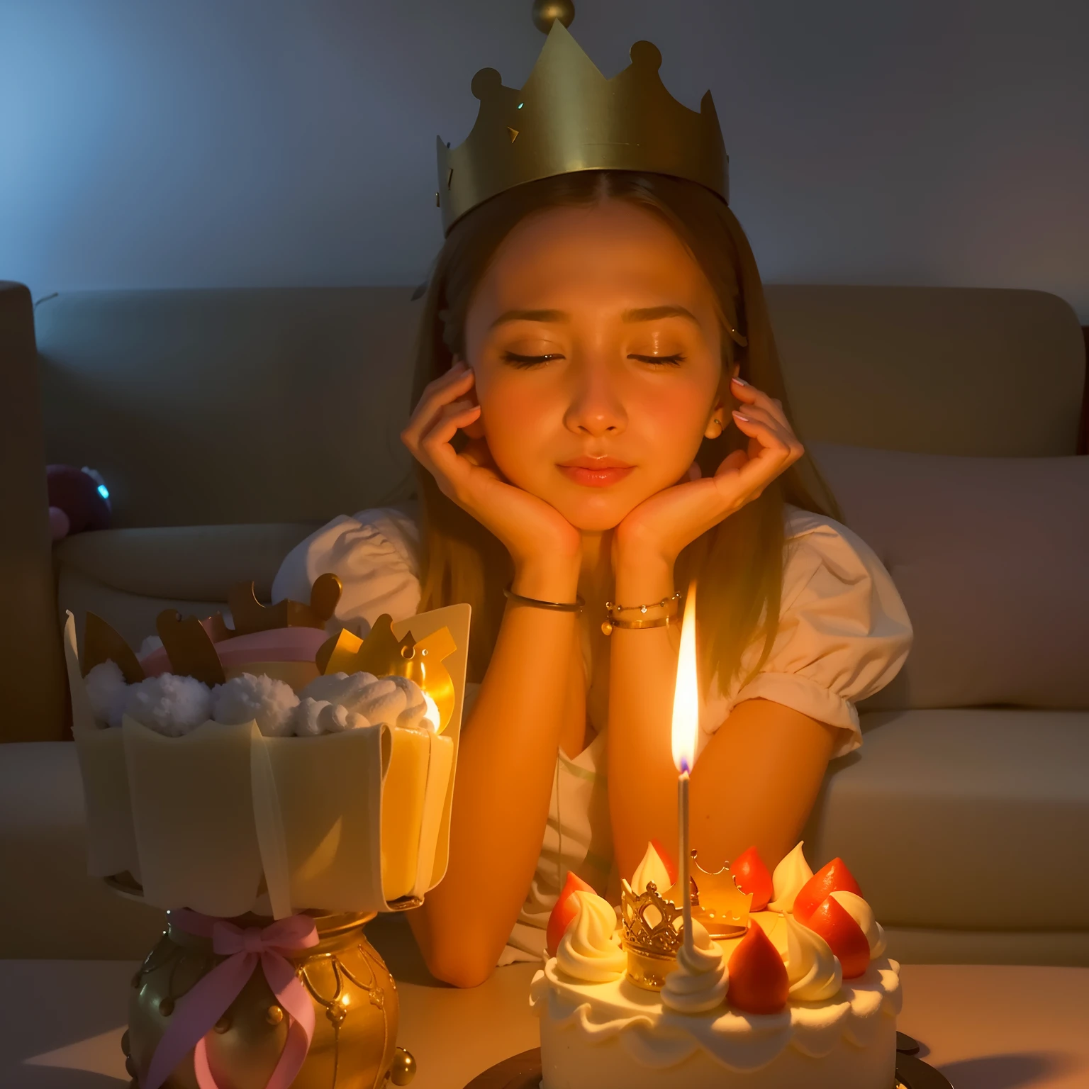 Arakfi girl with a crown on her head sits in front of a cake with candles, with crown, floating crown, wearing a paper crown, Holding a birthday cake, happy birthay, With a crown, 21 years old, wearing crown, 🐿🍸🍋, lit with candles, 1 6 years old, 2 8 years old, 2 3 years old