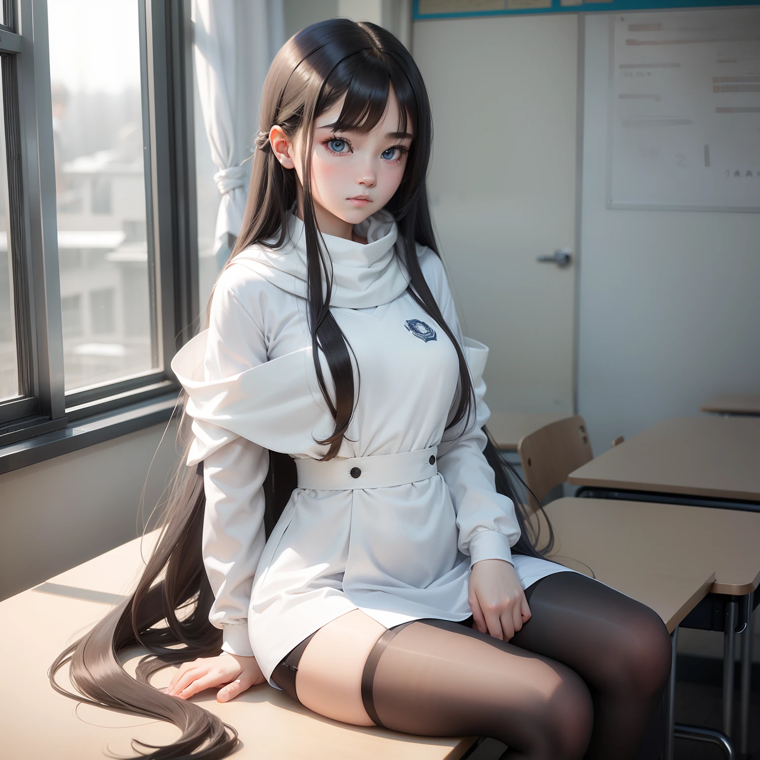 Long hair with a white shawl，Sky blue pupils，young 17 years old，校服，Black tights，face expressionless，full bodyesbian，solo person，‎Classroom