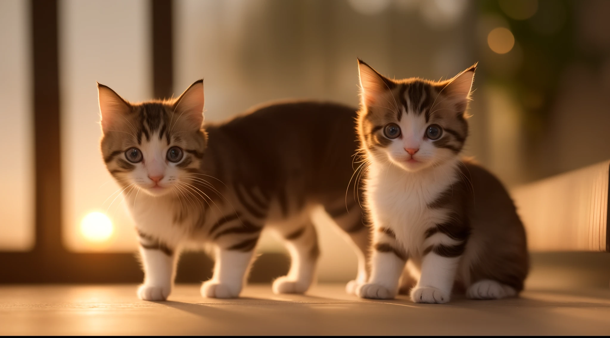 Photo of a happy kitten、the setting sun、80mm、F / 1.8、degrees of freedom、bokeh dof、depth of fields、Subsurface scattering、pointillism