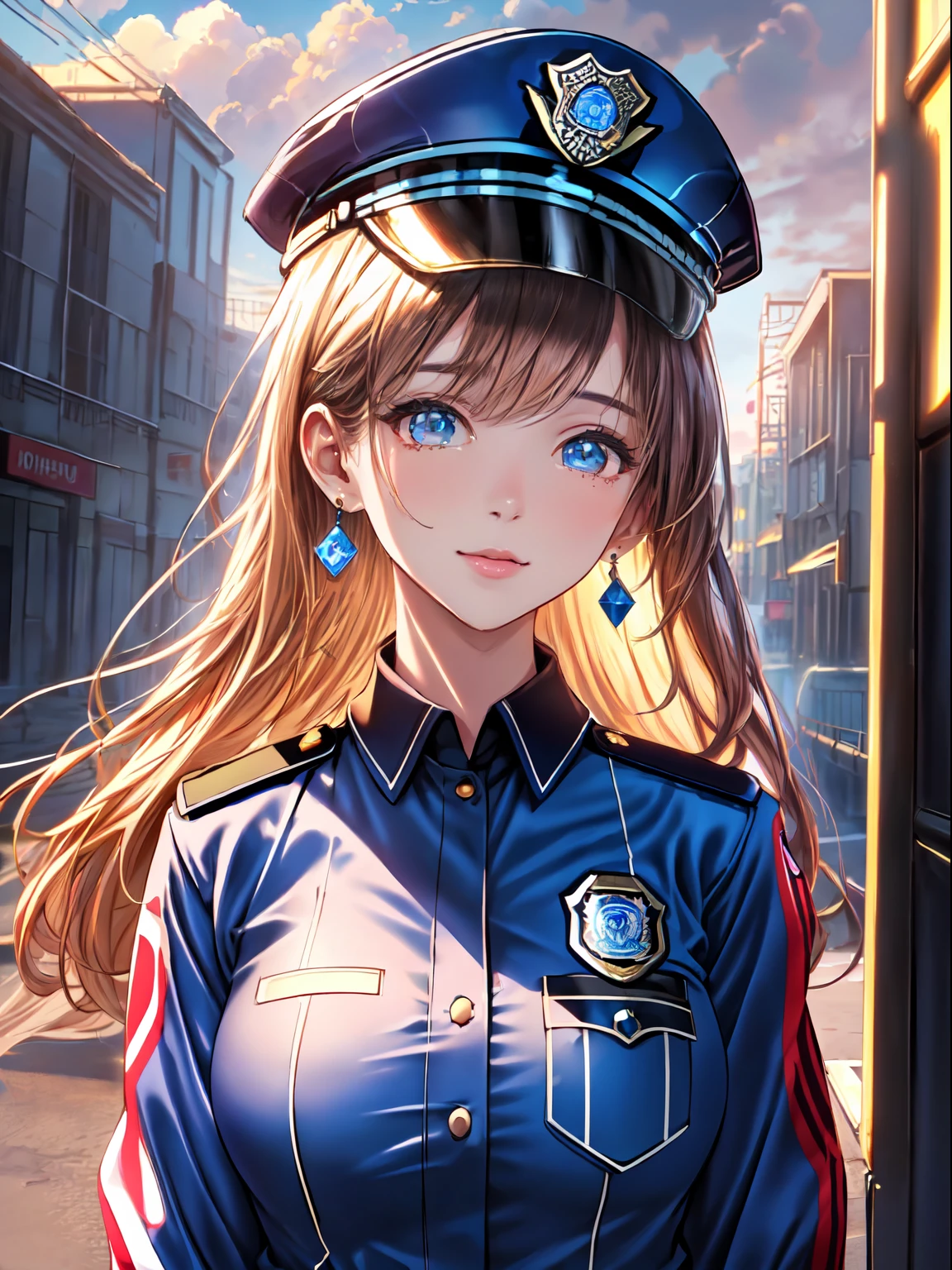 ((masterpiece+best quality+high resolution+illustration1.3+ultra 8k)), 1girl, ((detailed body)) ((attractive face)) ((long nose)), police dress, police cap, police logo on her shirt, outdoor, fantasy cloud, cloudy background, detailed body, long hair, sharp eyes, detailed eyes, ((detailed shadow)), lighting, detailed, focus, earrings, hnd detailed