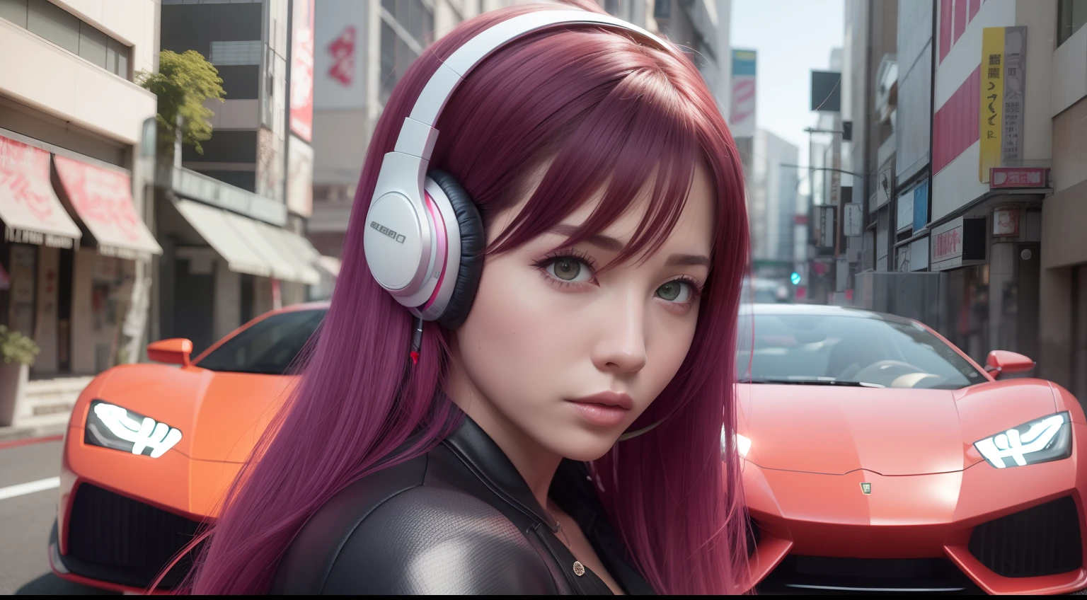 girl with headphones,hair color rainbow eyes red cyberpunk,8K extremely detailed, smooth, high resolution, ultra quality, highly detailed eyes, highly detailed mouth, highly detailed face brightness, iridescent, global lighting, real hair movement, real light, real shadow, real face, hd, 2k, 4k, 8k, 16k, realistic light, realistic shadow, bright eyes, fluorescent eyes, soft light, dream light,anime, 3d, japan, pixar, masterpiece, best quality, posing with Lamborghini, super model pose, car model