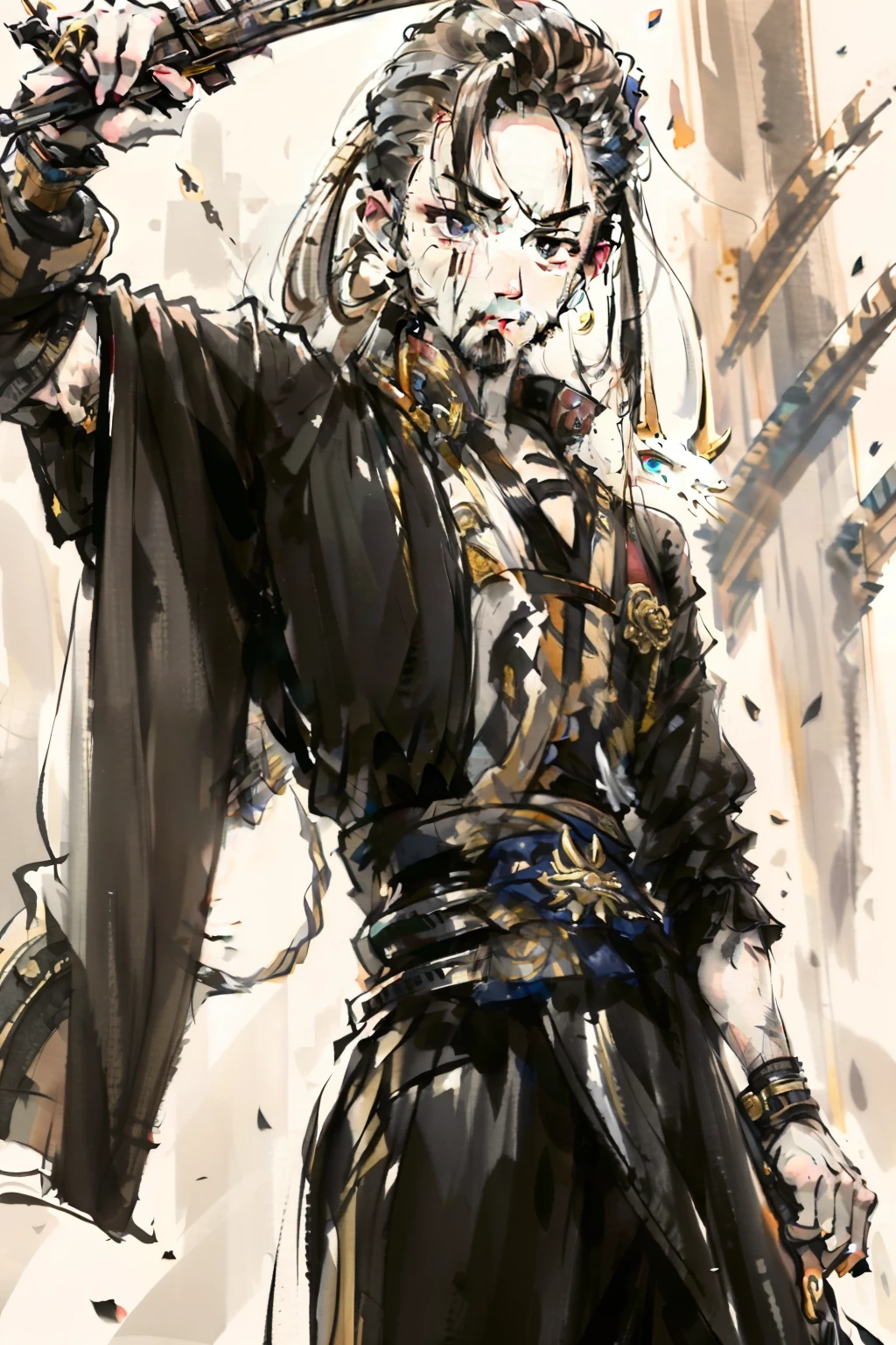 A man with an ancient temperament,High- sharpness,High Picture Quality,There is a goatee,Eyes squinted,Great sword in hand,On the back of Adidas's shoes