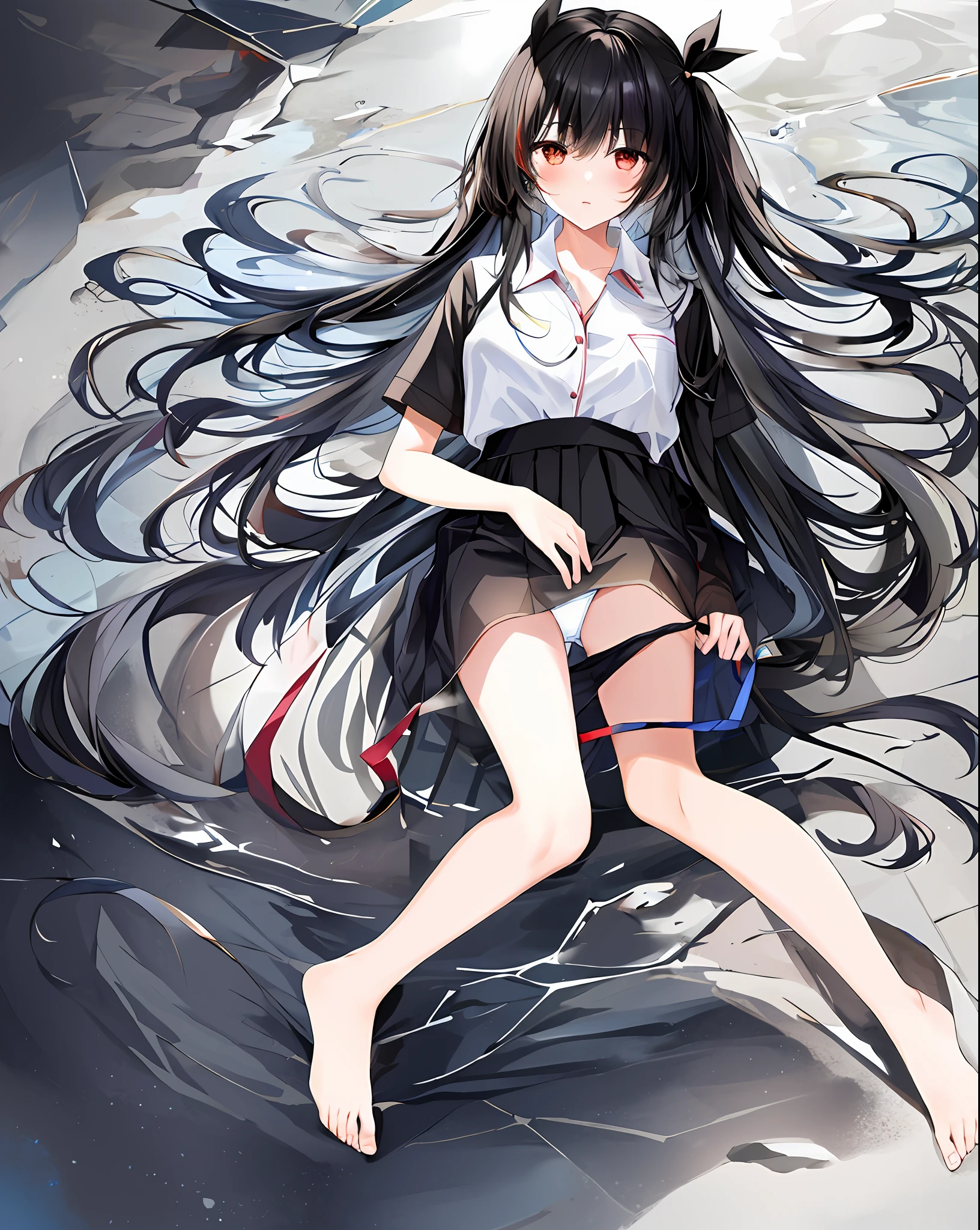 one-girl,Black hair,Hair ribbon,The shirt,Superskirt,transparent panty,thirst,Barefoot,Long legs