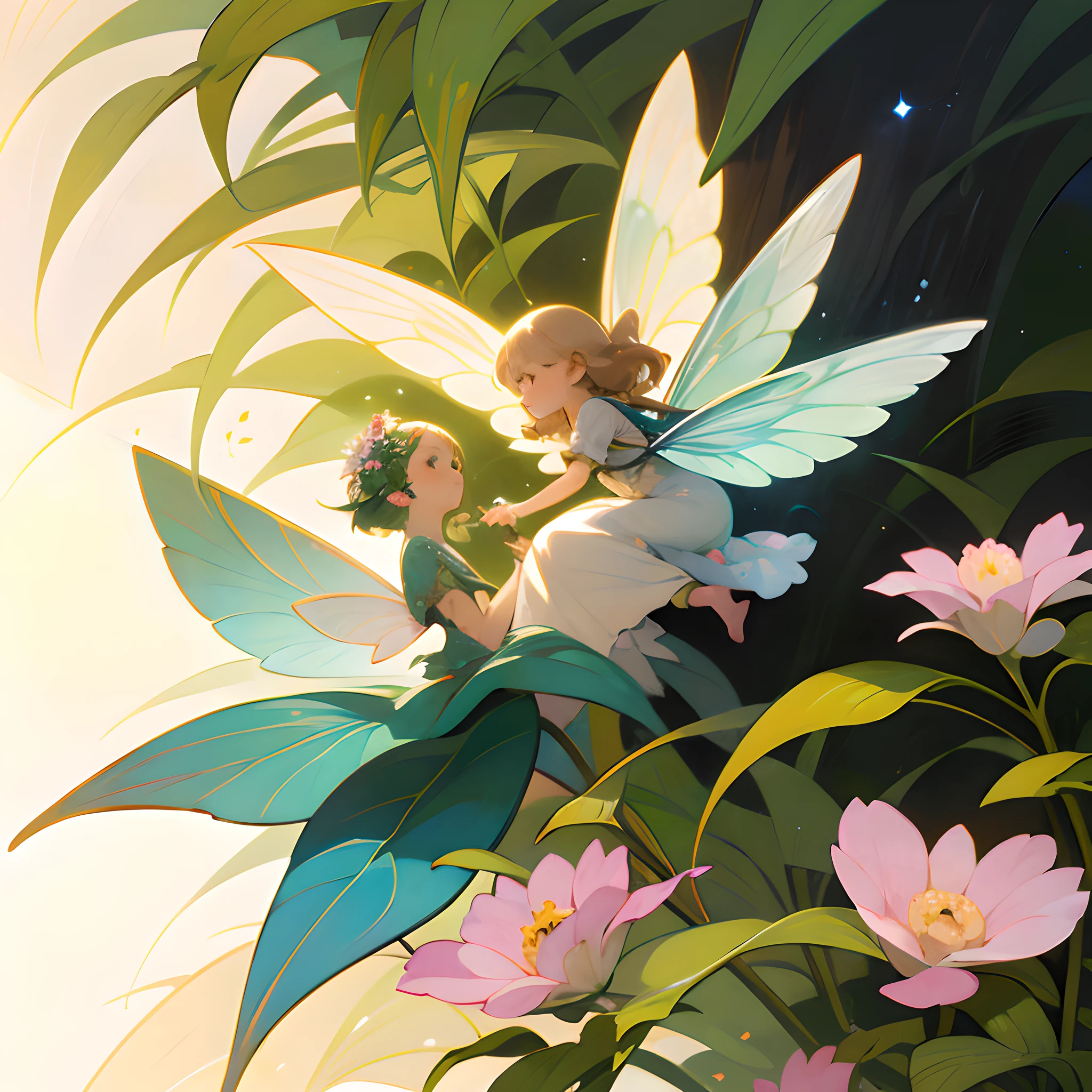 ((masterpiece), best quality, high quality, professional quality, highly detailed, highres, perfect lighting, natural lighting), group of fairies, butterfly wings, translucent wings, flying, magical garden