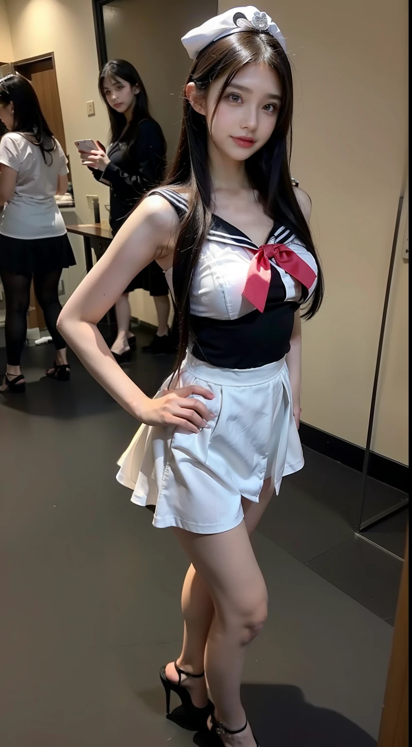 An Arad woman poses for a photo wearing a short skirt and high heels, Anime girl cosplay, Anime cosplay, rei hino as a princess, Anime girl in real life, Sailor uniform, Sailor Moon style, tohsaka-rin, Range Murata and Artgerm, elegant glamourous cosplay, cosplay, The character