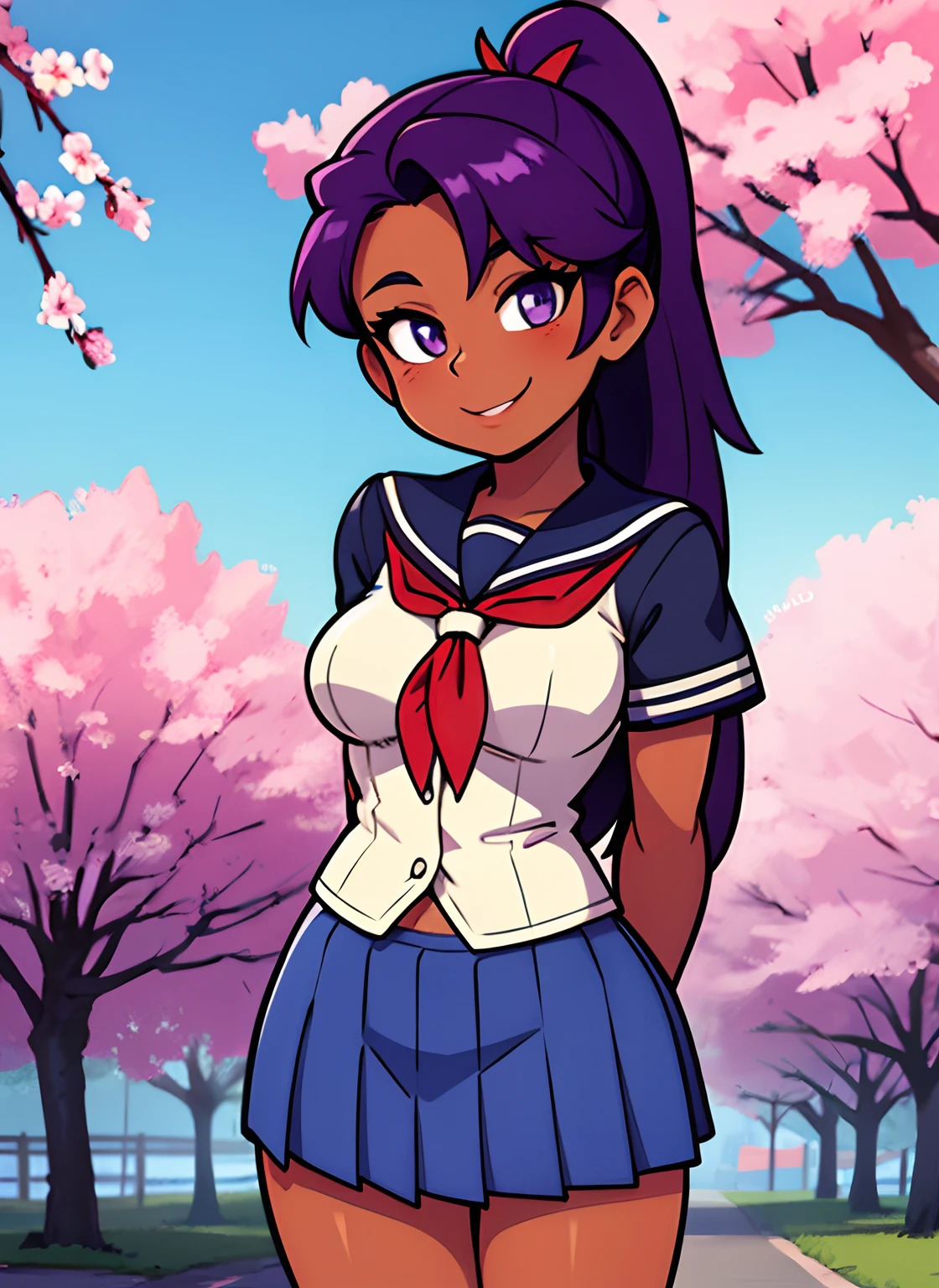 schoolgirl, long hair, purple hair, ponytail, medium breasts, tan skin, (width hips: 1.2), standing, smiling, school uniform, blue miniskirt, hands at sides, looking at viewer, outside, near a tree, arms behind back, (road:0.6), point of view, looking at viewer, facing viewer, perfect eyes, purple eyes, cherry blossom,/shelly/