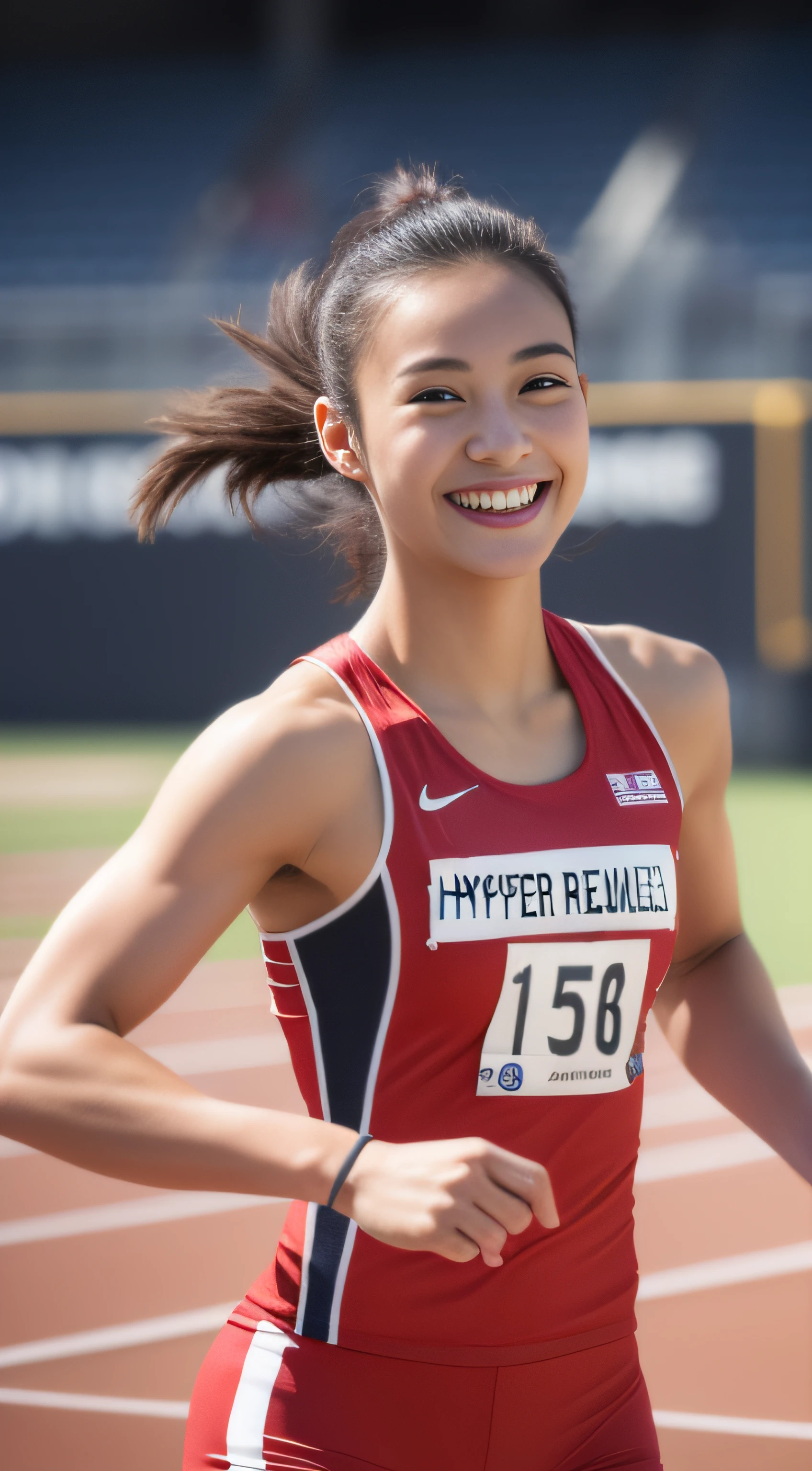 extremely detailed CG unity 8k wallpaper, best quality, ultra-detailed, masterpiece, realistic, photo realistic, extremely detailed cute girl, 25years old, (wearing Track and Field Uniforms), (race bib), smile , full body , track-and-field arena , sitting