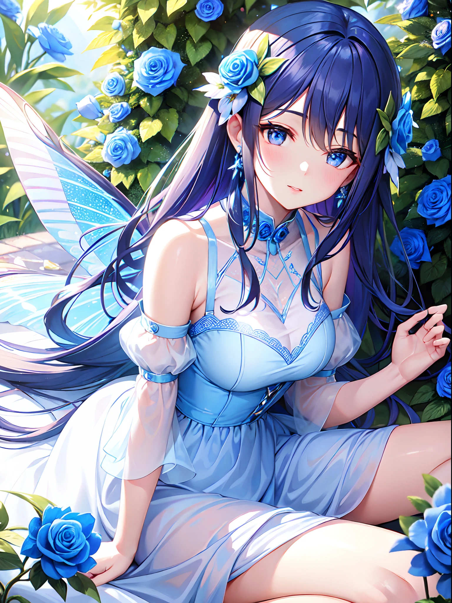 The Blue Rose Fairy kisses the flower. Its fairy is smaller than the flower. Its neat costume has a mysterious luster. Flower field, natural light,(Best quality), (masterpiece:1.3), ultra-detailed, (realistic), (photorealistic), butterfly_wings,