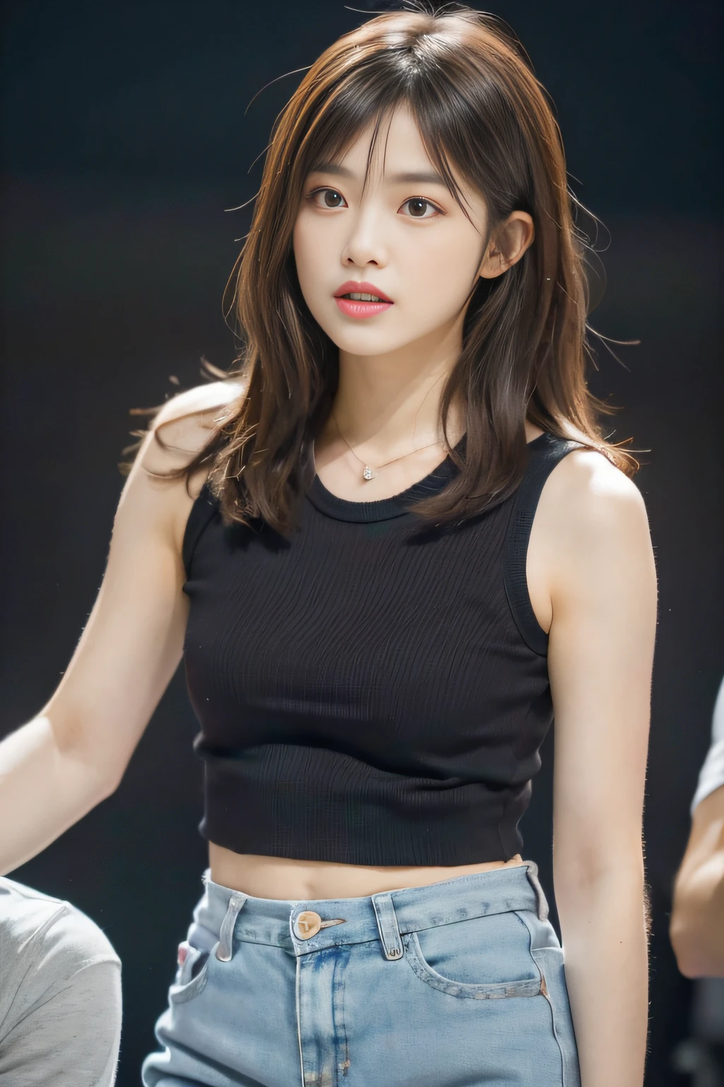 best qualtiy， realisticlying， 8K， high resolucion;， 1girll， girls， rich， （cityscapebackground：1.6））， (miniskirt, Sleeveless white t-shirt）， A head that looks straight at the viewer：1.8， （A girl looks at the audience with her eyes， middle length hair， ligh brown hair， partedbangs：1.65）， realisticlying， （With mouth closed：1.46）， rich，(s whole body), Gravure, Sneakers