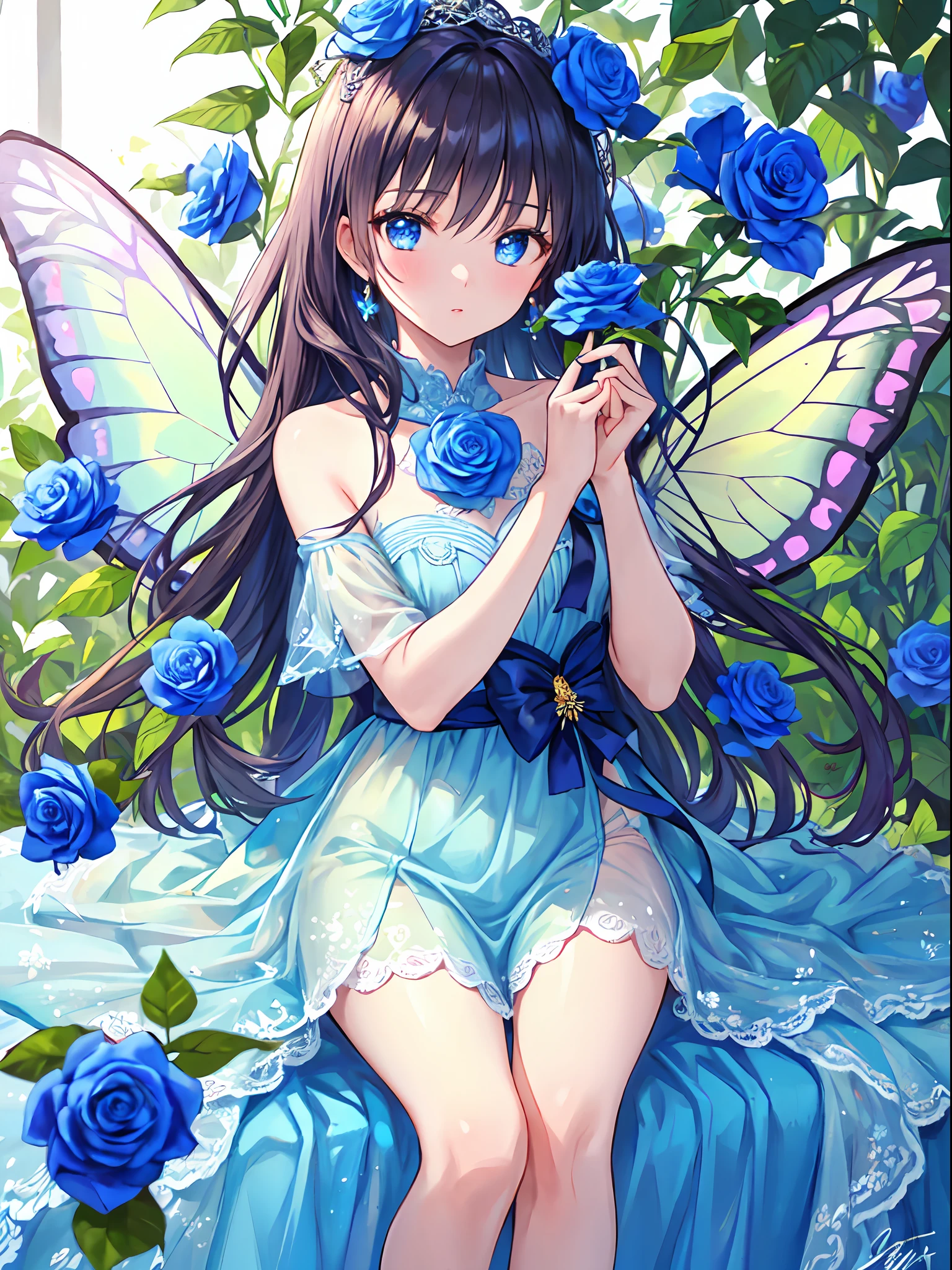 The Blue Rose Fairy kisses the flower. Its fairy is smaller than the flower. Its neat costume has a mysterious luster. Flower field, natural light,(Best quality), (masterpiece:1.3), ultra-detailed, (realistic), (photorealistic), butterfly_wings, Modest exposure,