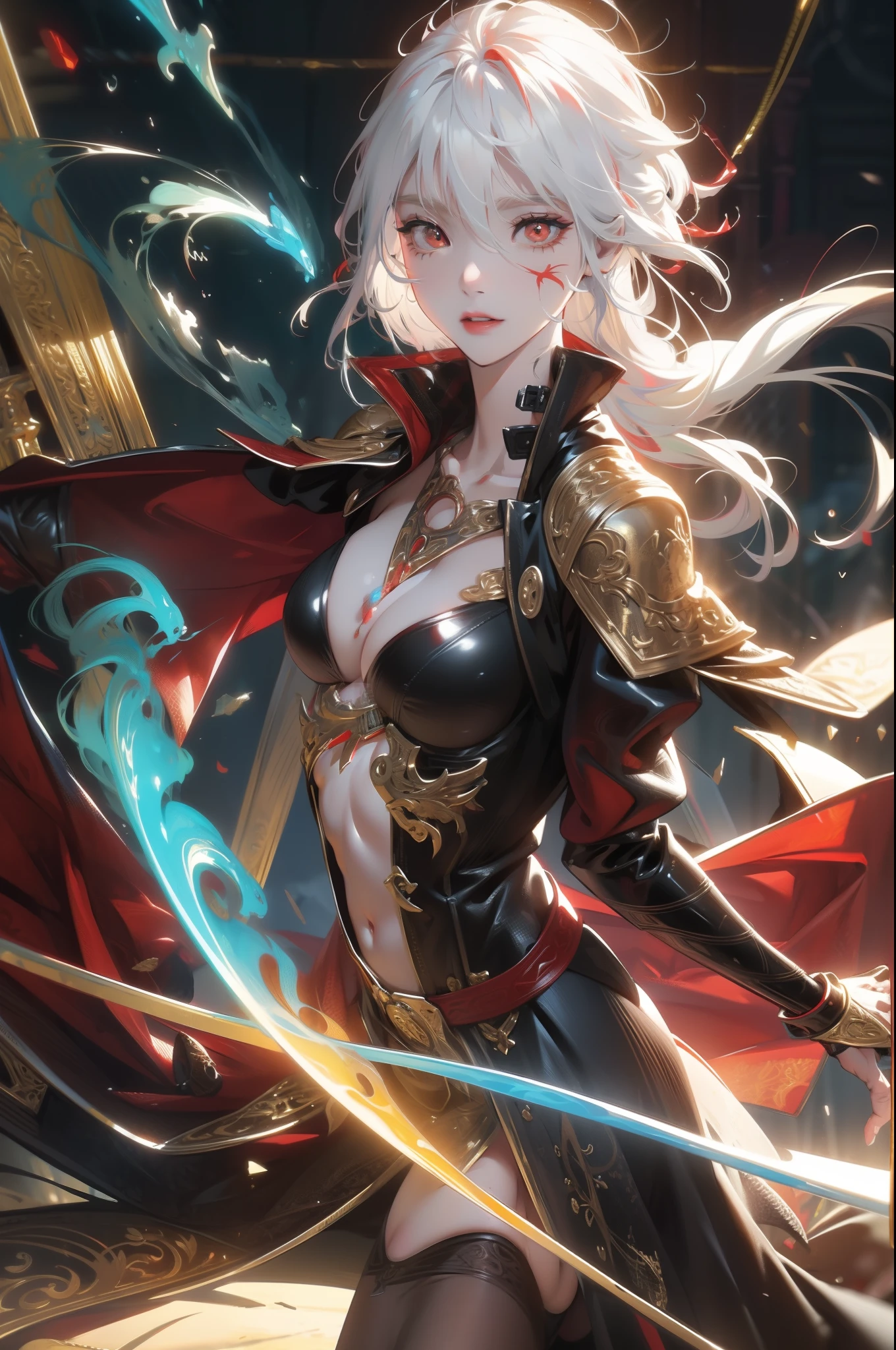 A painting that represents the nature of magic in your world,The protagonist who shows white hair and red eyes has a mysterious black mark on his neck,Immerse yourself in a barrage of magical energy,Glowing particles dance around him,Mysterious symbols form in the air, tmasterpiece, best qualtiy, ultra - detailed, illustratio, 8k resolution concept art, Fantasyart, epic art, Concept art wallpaper 4K,deep colour,natural lightting(((Thoracic beak)))(NSFW)((Super large chest))