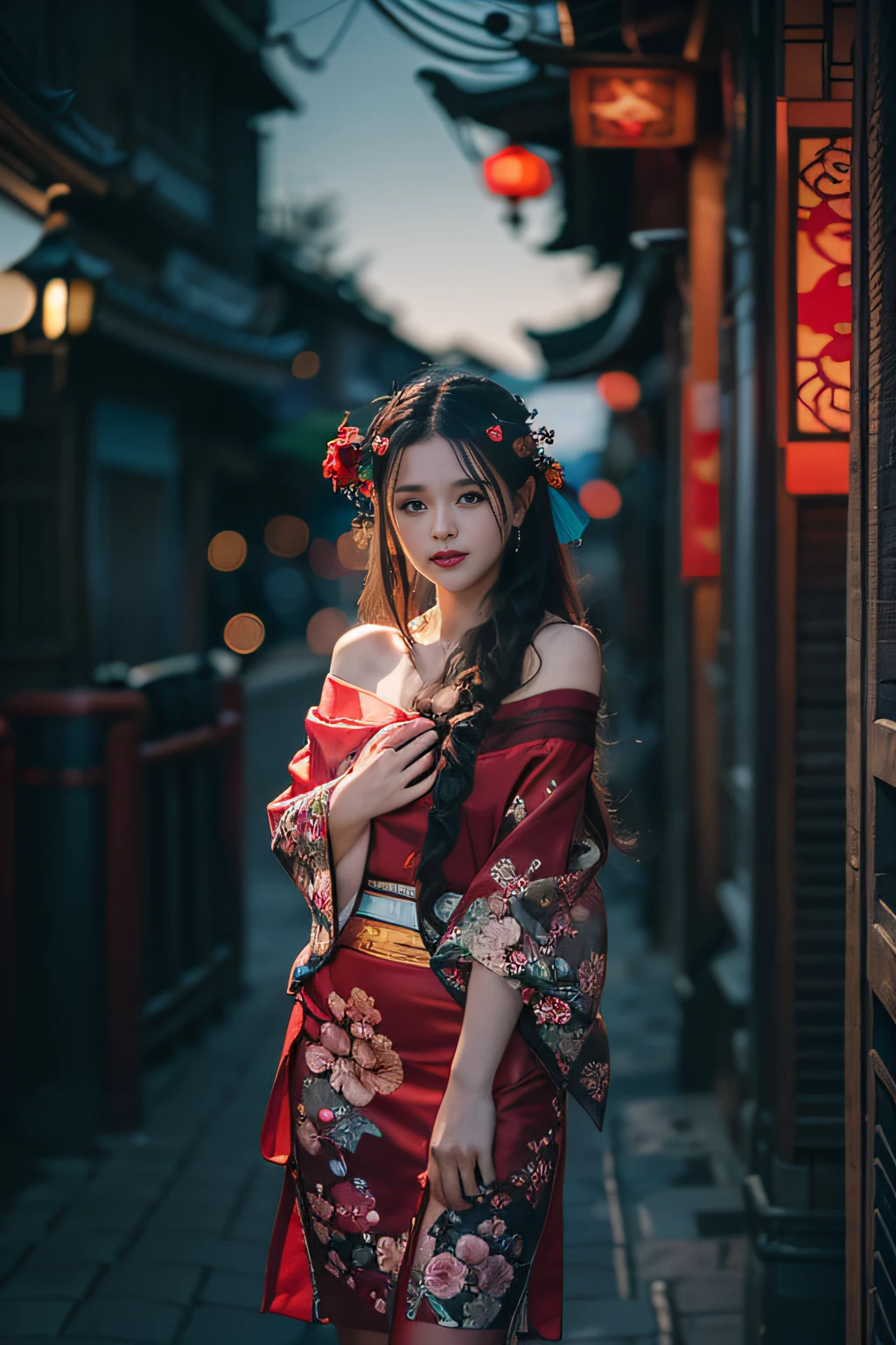 realistic, RAW photo, dslr, film grain, Fujifilm XT3, night shot, 1girl, goddess women,  (curly hair, long hair), (thigh,off shoulder:1.2), ([:see-through:4]:1.4) (red floral print hanfu:1.1), pencil skirt, black pantyhose, (deserted street:1.3), Backlit, Bokeh, Contrast Filters, (smile:0.8), looking at viewer, (china jiangnan water town style:1.1),