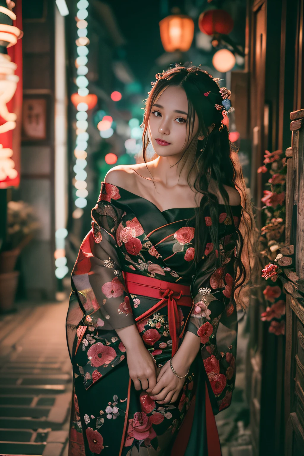 realistic, RAW photo, dslr, film grain, Fujifilm XT3, night shot, 1girl, goddess women,  (curly hair, long hair), (thigh,off shoulder:1.2), ([:see-through:4]:1.4) (red floral print hanfu:1.1), pencil skirt, black pantyhose, (deserted street:1.3), Backlit, Bokeh, Contrast Filters, (smile:0.8), looking at viewer, (china jiangnan water town style:1.1),