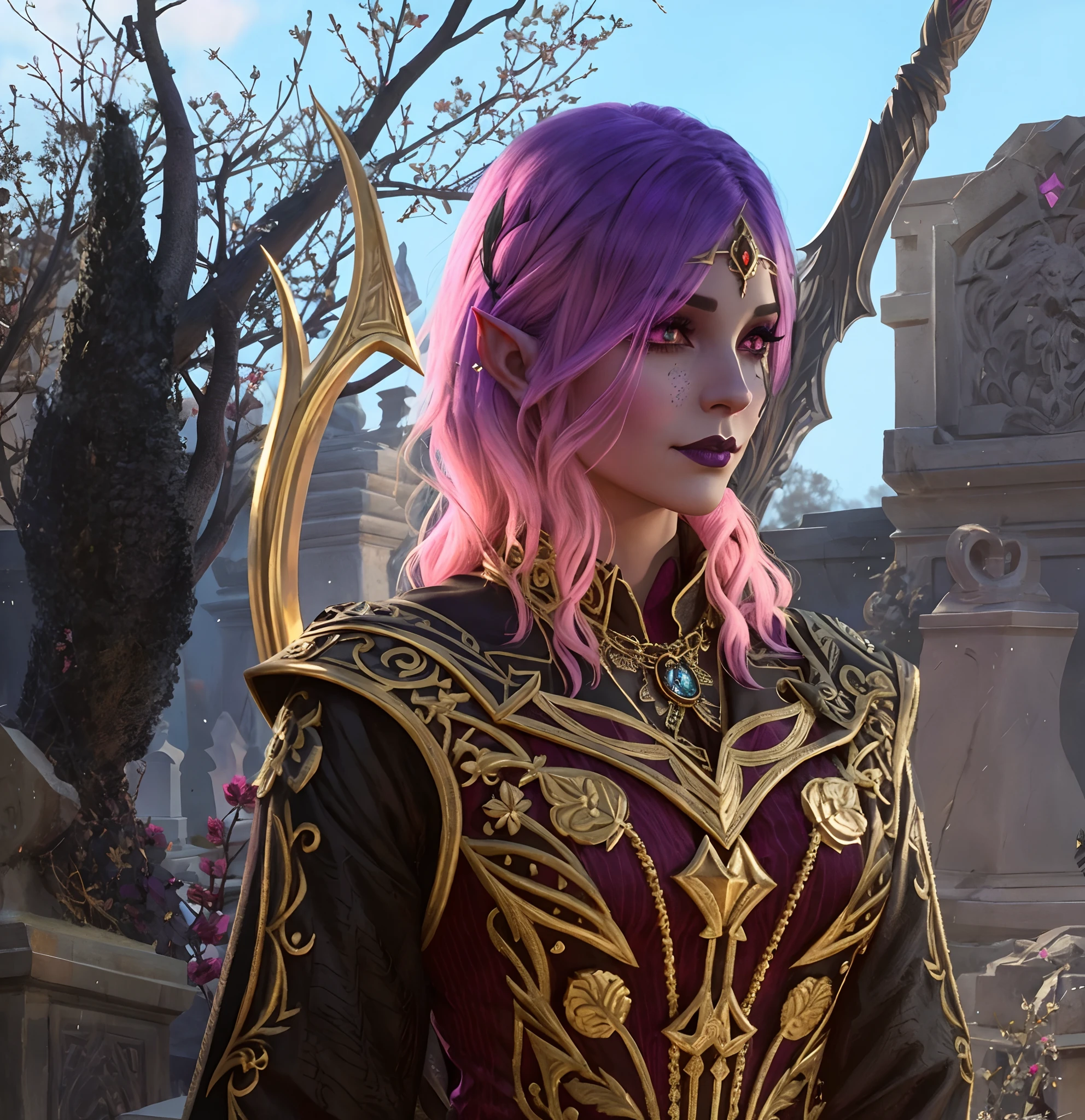 Gloomy half-elf woman with purple-pink hair, black and red mantle with gold patterns, elven character with smirk, drow elf, Semi Drow, Portrait of a female elf necromancer, New character, An alluring woman, Beautifully detailed, ornate detailed hair, black tattoos on the face, Staff behind his back, black lipstick, Against the background of the cemetery