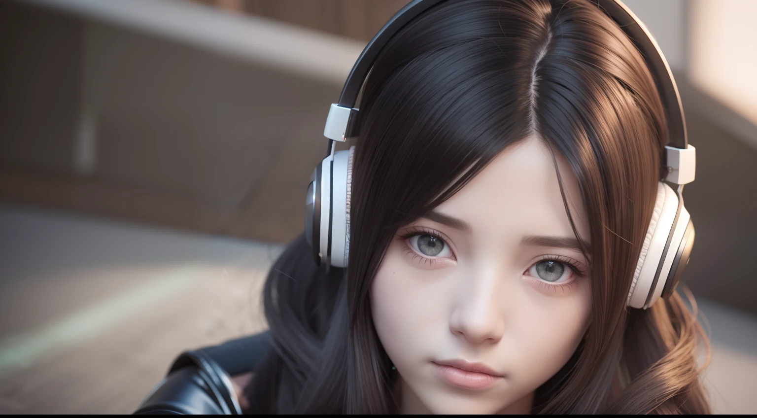 girl with headphones,hair color rainbow eyes red cyberpunk,8K extremely detailed, smooth, high resolution, ultra quality, highly detailed eyes, highly detailed mouth, highly detailed face brightness, iridescent, global lighting, real hair movement, real light, real shadow, real face, hd, 2k, 4k, 8k, 16k, realistic light, realistic shadow, bright eyes, fluorescent eyes, soft light, dream light,anime, 3d, japan, pixar, masterpiece, best quality, lean on Lamborghini, super car model shot