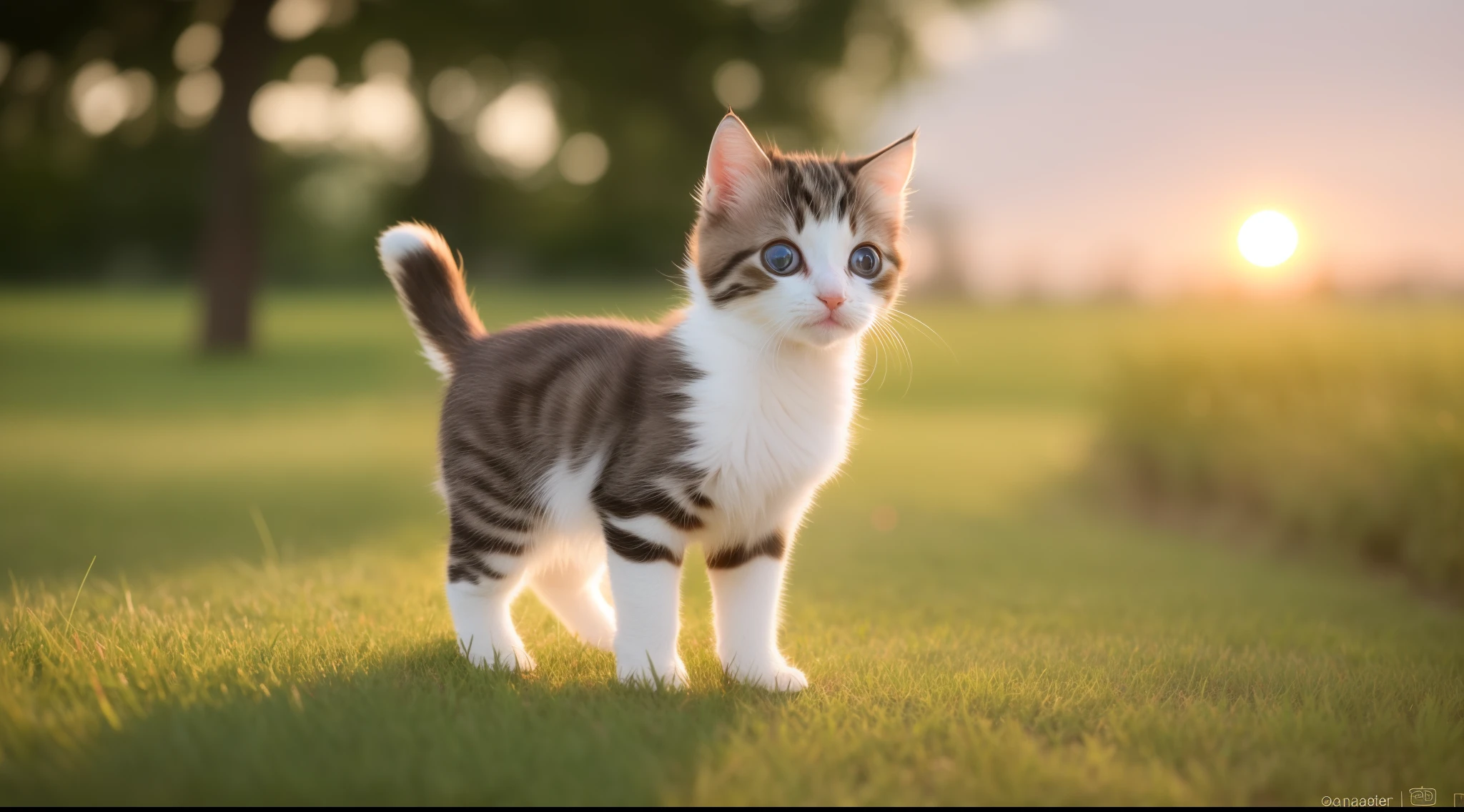 Photo of a happy kitten、the setting sun、80mm、F / 1.8、degrees of freedom、bokeh dof、depth of fields、Subsurface scattering、pointillism