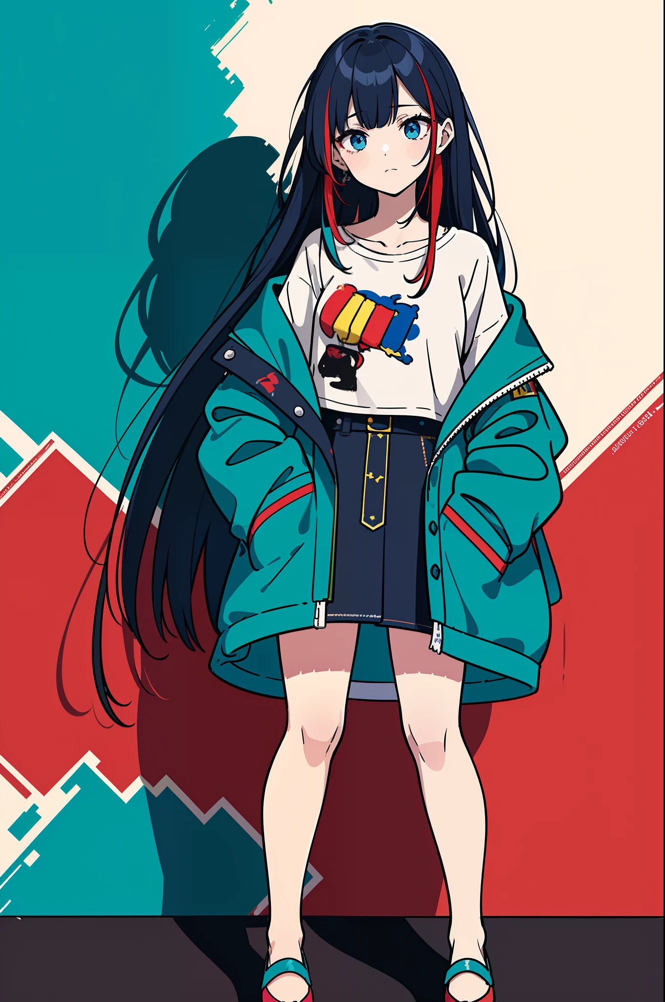 (​masterpiece:1.3), (top-quality:1.2), (An ultra-fine illustrations:1.2), (​masterpiece), hightquality, High Detail, ((unparalleled masterpiece ever, top-quality, erfect artwork)), highly contrast、flat-colors、Splashes of color、red blush、Colorful paint patterns、Splattering paint、Wall Art、Color matching、Banksy、Inspiration of genius、I didn't have that idea.、Colorful paint explosion pattern、New York suburbs、disheveled hair、Medium breast size、[(Portraits of game characters:1.2):5], {hide one's hands}, {{Hands in pockets}}}, {{Hands in the sleeve}} 、from side、parka、JINS、colourfull、(illustratio:1.2), very wide shot, (line-drawing:1.2), {{Only 5 fingers}}、Eight teeth are visible、Full body posture、espadrilles、Falling from a building、mid air、Paint sprinkling、Ink splash、Backgrounds with depth、pop music、9 heads of beauty、Creative fashion、Fashion Leader、Red blue yellow、Art of another dimension、