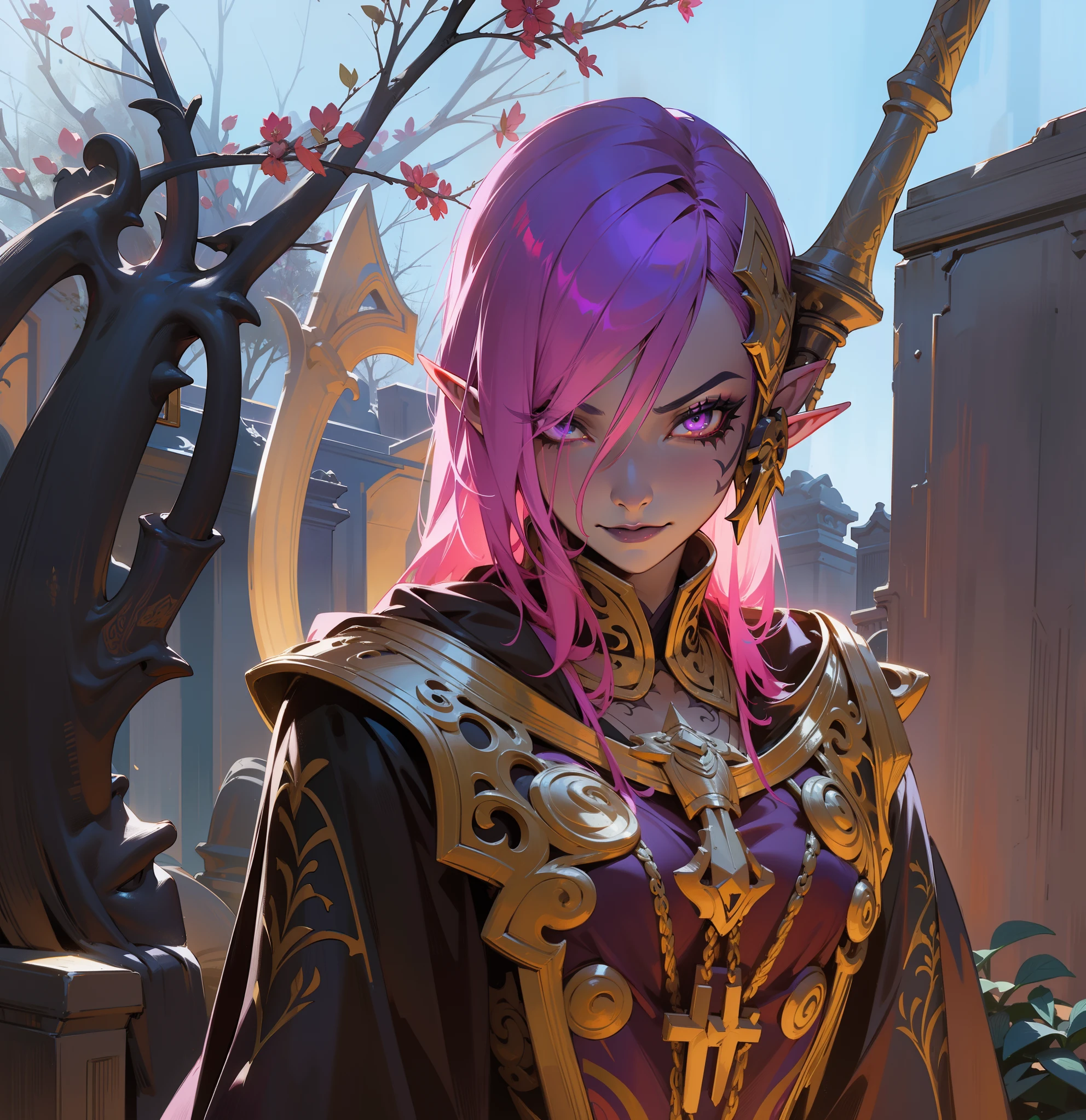 Gloomy half-elf woman with purple-pink hair, black and red mantle with gold patterns, elven character with smirk, drow elf, Semi Drow, Portrait of a female elf necromancer, New character, An alluring woman, Beautifully detailed, ornate detailed hair, black tattoos on the face, Staff behind his back, black lipstick, Against the background of the cemetery