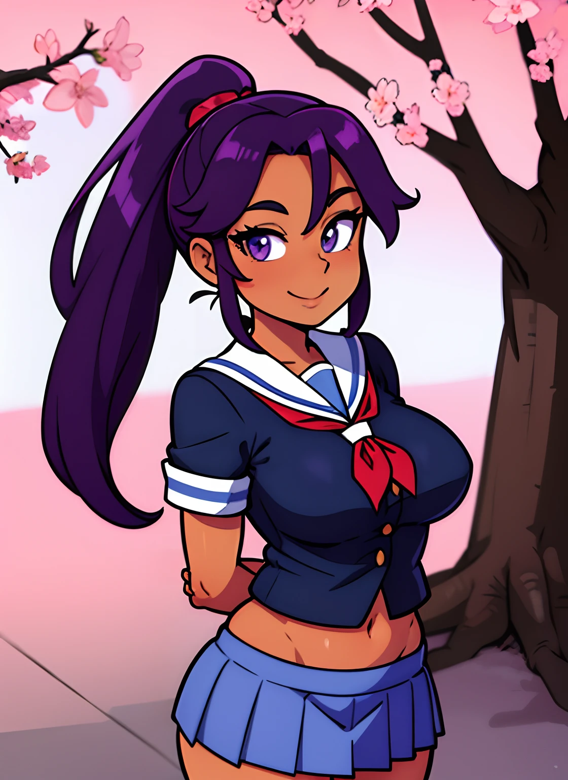 schoolgirl, long hair, purple hair, ponytail, medium breasts, tan skin, (width hips: 1.2), standing, smiling, school uniform, blue miniskirt, hands at sides, looking at viewer, outside, near a tree, arms behind back, (road:0.6), point of view, looking at viewer, facing viewer, perfect eyes, purple eyes, cherry blossom,/shelly/