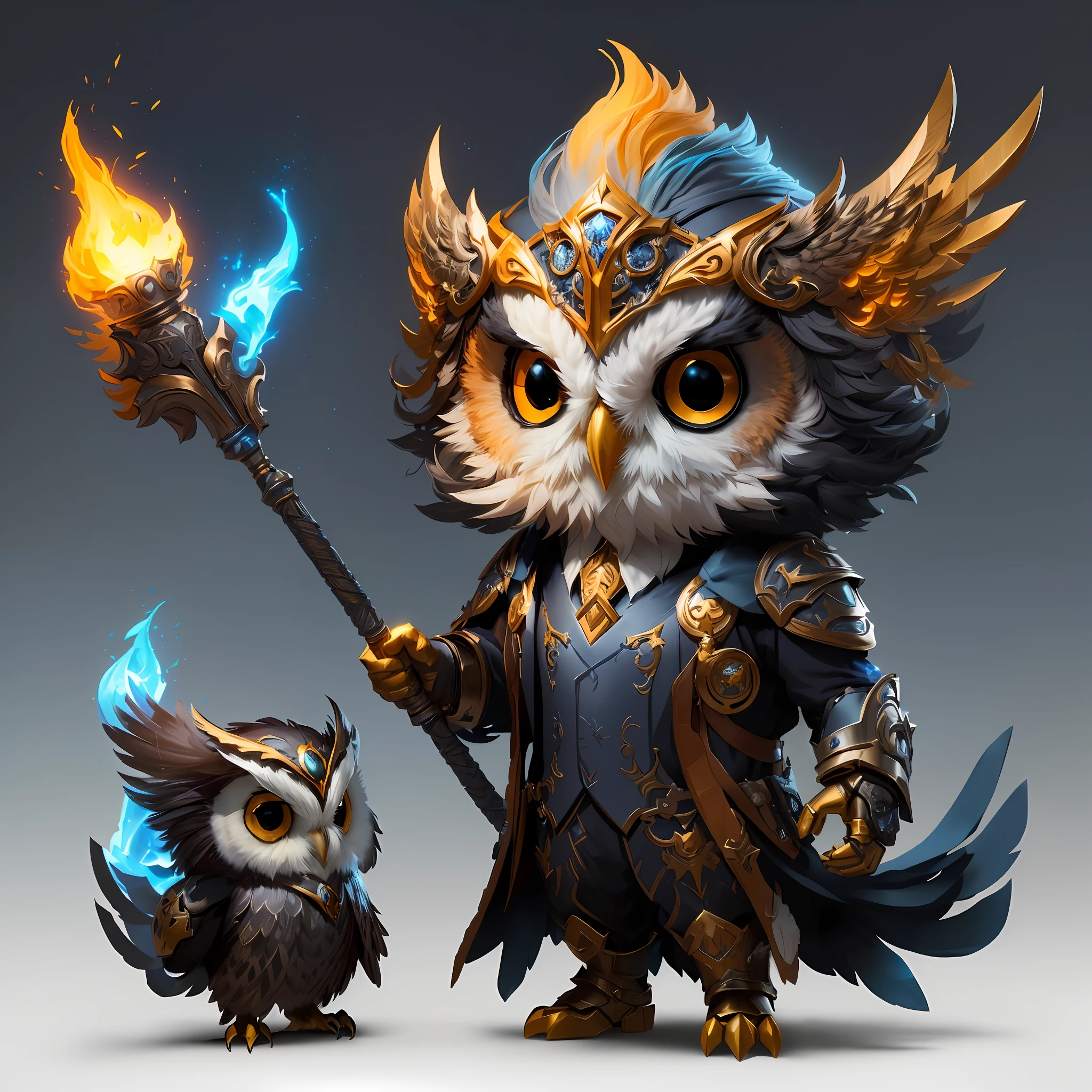 Image of a cartoon owl with a torch and a bird, owl wizard, heroic fantasy character concept, Fantasy Character Art, fantasy character design, character design contest winner, concept art design illustration, 2D Character Concept Artwork, epic fantasy character art, Warrior with metal owl armor, super detailed fantasy characters, epic fantasy digital art style, Fantasy character concept, by Yang J