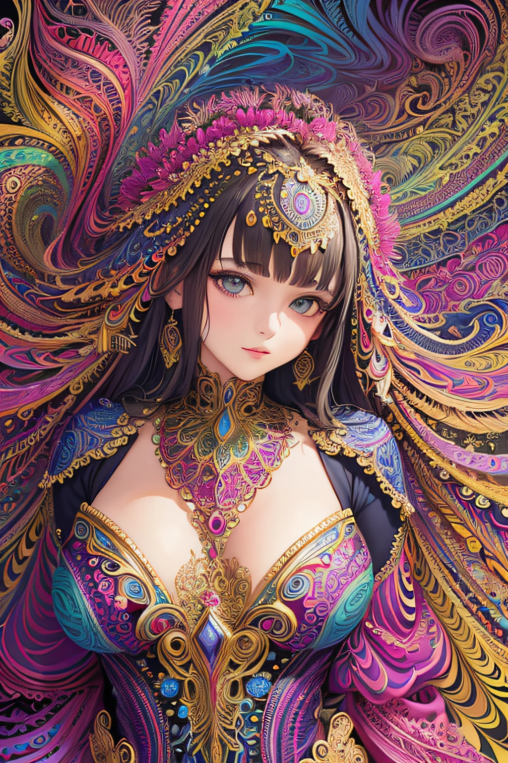 (masterpiece, top quality, best quality, official art, beautiful and aesthetic:1.2), (1girl:1.3), extremely detailed,(fractal art:1.2),colorful,highest detailed,(zentangle:1.2), (dynamic pose), (abstract background:1.5), (treditional dress:1.2), (shiny skin), (many colors:1.4), upper body
