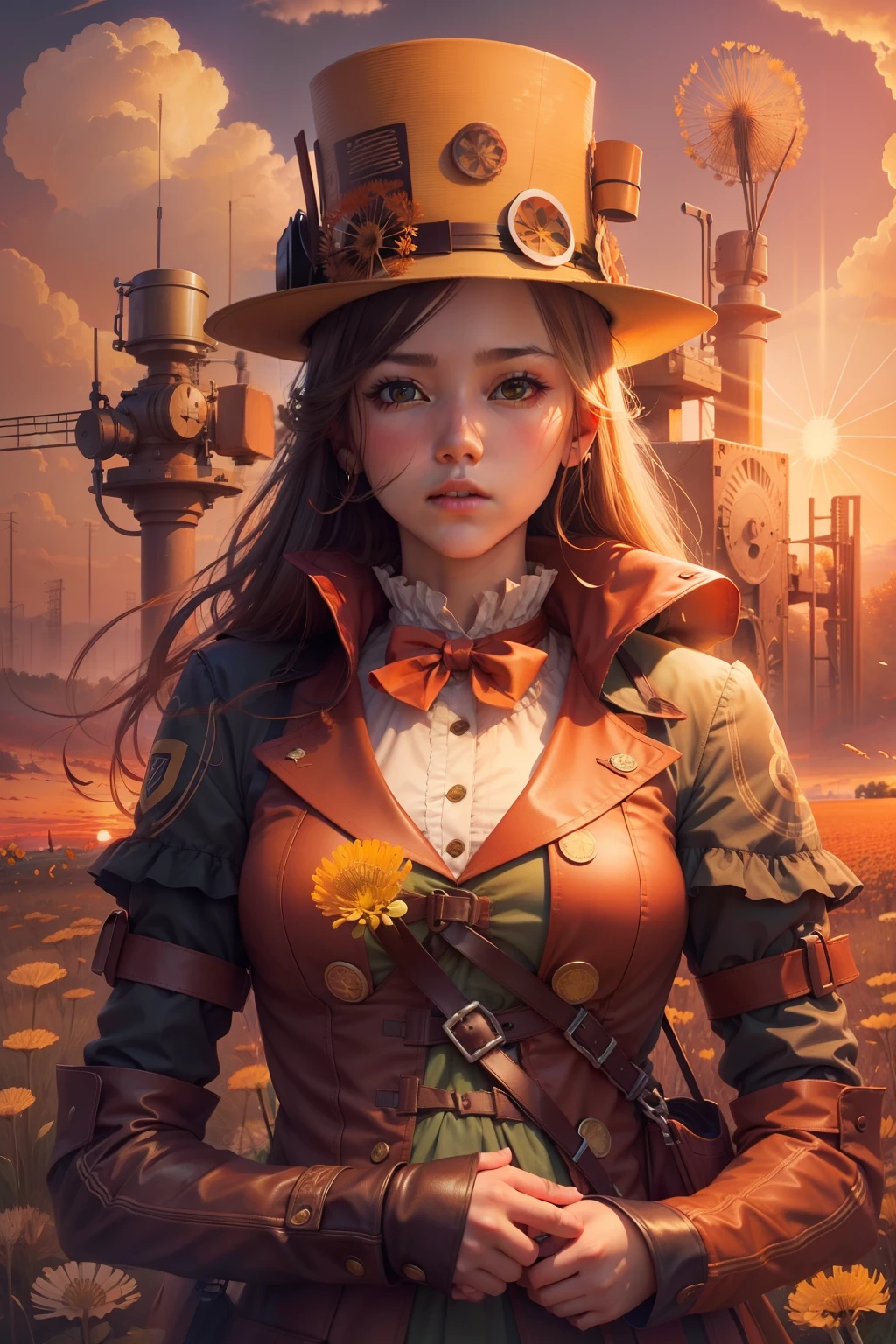 Young girl blowing dandelions in a field overgrown with dandelions at sunset，orange colors、Red and lilac colors fill the sky