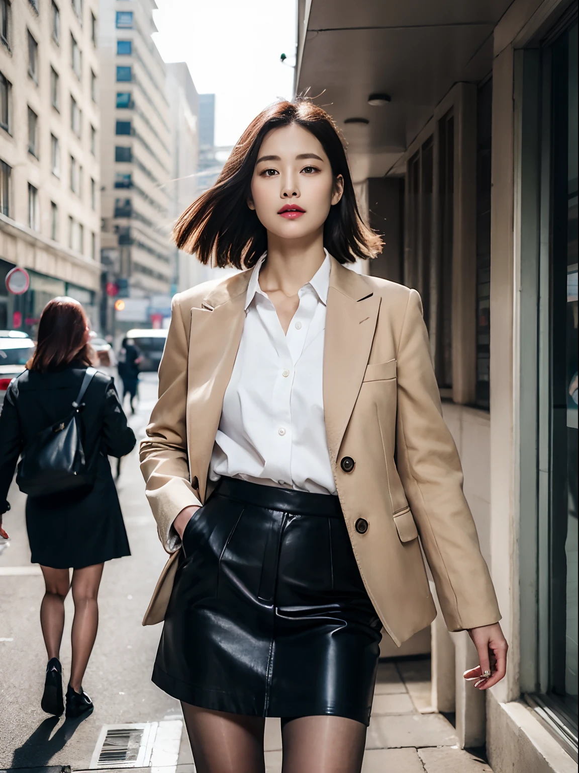 ,(RAW photo:1.2), (Photorealistic:1.4),Beautiful detailed woman， very detailed eyes and faces, A detailed eye, ultra - detailed, A high resolution, The is very detailed，best qualtiy，illustratio，unified，8k 壁纸，tmasterpiece，best qualtiy，1 Woman on the street，Short coat，Small fragrant wind，skirt suit，Black socks，Fashionab，a skirt，Black socks，high-heels，exteriors，looking at viewert，are standing，full bodyesbian