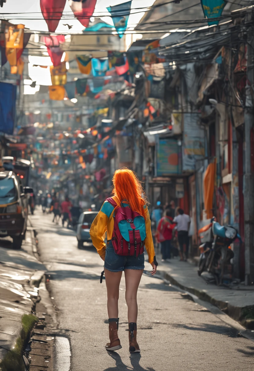 There's a woman with orange hair, com bunda grande, posando na rua com uma mochila nas costas, em uma rua da cidade, anime hiper realista, Surrealismo alunas, Arte em estilo Guviz, Guviz, Imagem ultrarrealista, Menina anime na vida real, Deusa Brasileira