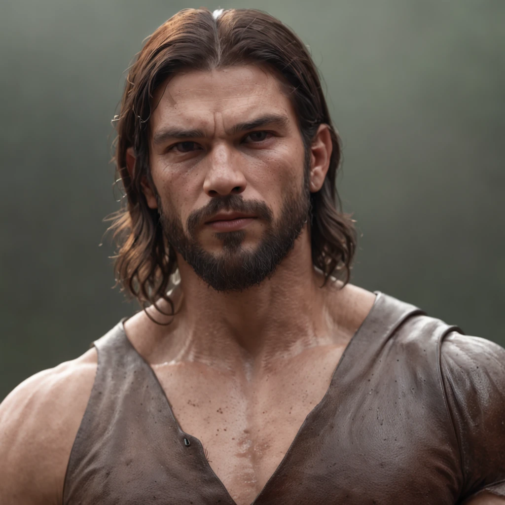(Professional 3D rendering:1.3) de (Realistic:1.3) Foto de arte mais bonita do mundo,Features soft, bright male heroes, ((Epic hero fantasy rough muscular man wet hero angry look long hair short beard and fierce expression in dynamic pose, fantastic location, majestoso ambiente desordenado)), corpo inteiro 8k unidade render, action shot, poros da pele, very dark lighting, sombreamento pesado, circunstanciado, Rosto detalhado, (vibrante, fotogrdeia realista, Realistic, Dramatic, Escuro, foco nítido, 8k), (Old leather clothes damaged by bad weather:1.4), ((((Use peles)))), (intrincado:1.4), decadente, (altamente detalhado:1.4), pintura digital, rendering by octane, art stations, Conceito-Arte, liso, foco nítido, illustration, germe da arte, (Loish:0.23), Wlop Ilya Kuvshinov, e Greg Rutkowski e Alphonse Mucha Gracias, (global ilumination, studiolight, Light Volumetric), chuva forte, floating particles, patife, fantasia, Onze, corpo inteiroesbian, ((Fundo escuro e antigo da cidade:1.3)),CGSesociedade,art stations