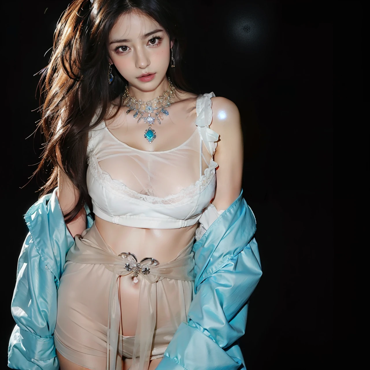 (top-quality、8k、masterpiece:1.3)、Beautiful Women in Perfect Figure:1.4、dark brown hair、extremely detailed face and skin、A detailed eye、二重まぶた、huge tit、g-cup
