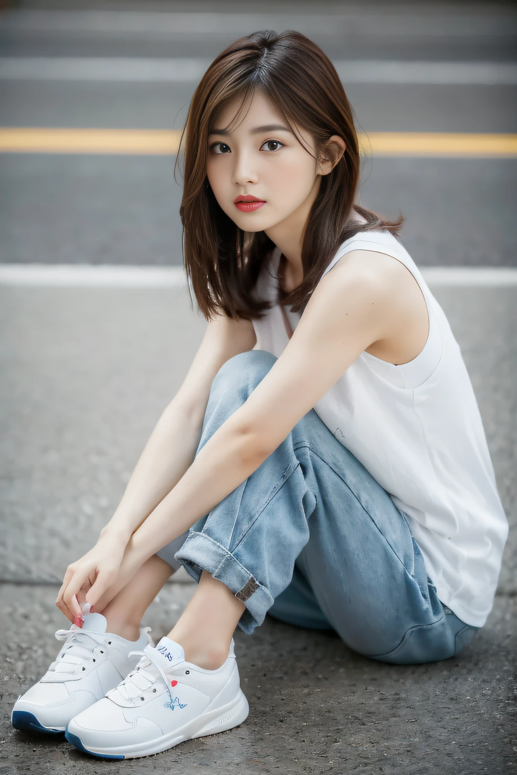 best qualtiy, realisticlying, 8K, high resolucion;, 1girll, girls, rich, (cityscapebackground:1.6)), (miniskirt, Sleeveless white t-shirt), A head that looks straight at the viewer:1.8, (A girl looks at the audience with her eyes, middle length hair, ligh brown hair, partedbangs:1.65), realisticlying, (With mouth closed:1.46), rich,(s whole body), Gravure, Sneakers