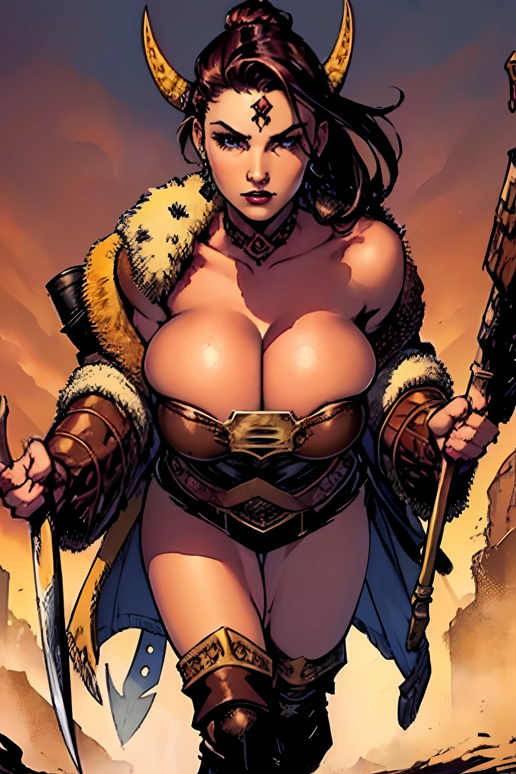 (masterpiece, top quality, best quality, official art, beautiful and aesthetic:1.2), (1girl:1.3), dark brown hair pulled back, topknot, braids, extremely detailed, portrait, looking at viewer, solo, (full body:0.6), detailed background, close up, facepaint, tribal tattoos, (warm summer desert theme:1.1), busty human barbarian queen, elegant face, long face, charlatan, smirk, mysterious, walking in savannah, revealing tribal attire, bare midriff, brown leather, fur lined clothes, long boots, buckles, straps, pouches, axes, tan fabric, brown leather, ((((gigantic breasts, skindentation, cleavage)))), muscular, strong, slim waist, slim hips, long legs, muscular legs, medieval (savannah exterior:1.1) background, dark mysterious lighting, shadows, magical atmosphere, dutch angle,