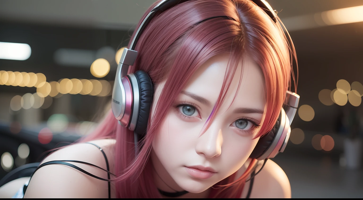 pale skin, ((auburn hair)), ((light red hair)), ((red eyes)), ((pink eyes)), ((white headphone)), white shirt, long sleeves, black vest, red miniskirt, lollipop, 19 years old, bangs, upper body, beauty, solo, extremely beautiful face, exquisite face