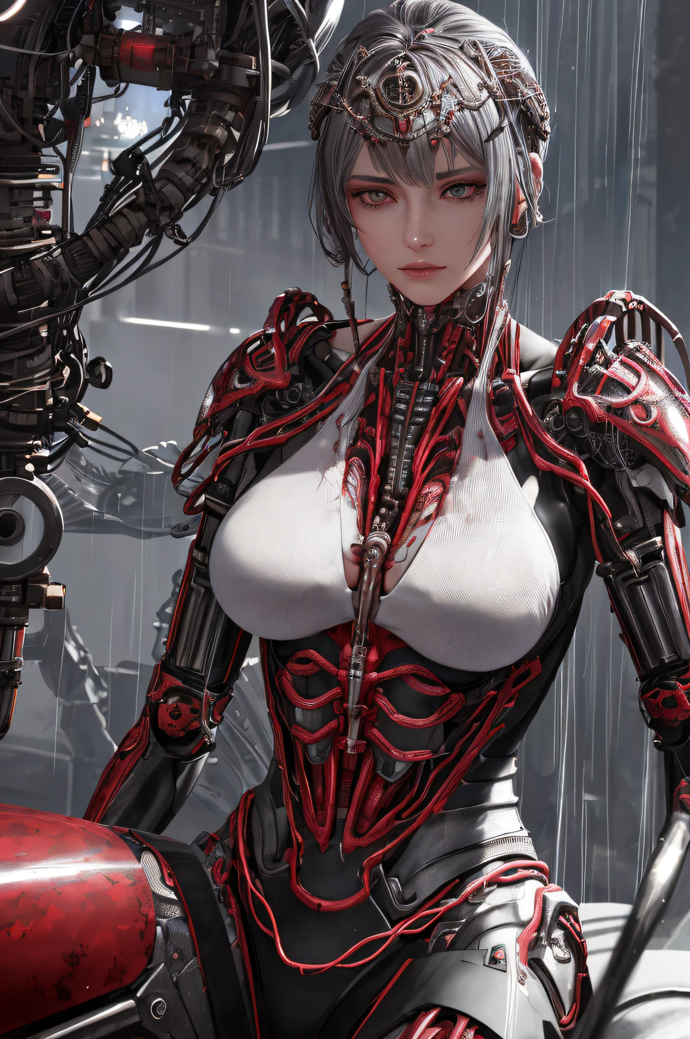1Mechanical girl, full vision image, in sensual pose, penetrating look, (((ultra realistic details)), global lighting, shadows, octane render, 8k, ultra sharp, metal, intricate, detailed ornaments, cool colors, egyptian detail, highly intricate details, realistic light, trend in cgsociety, bright eyes, front camera, neon details, mechanical limbs, blood vessels connected to tubes, mechanical vertebra attaching to the back, Mechanical cervical attaching to the neck, sitting, wires and cables connecting to the head, on rainy night.
