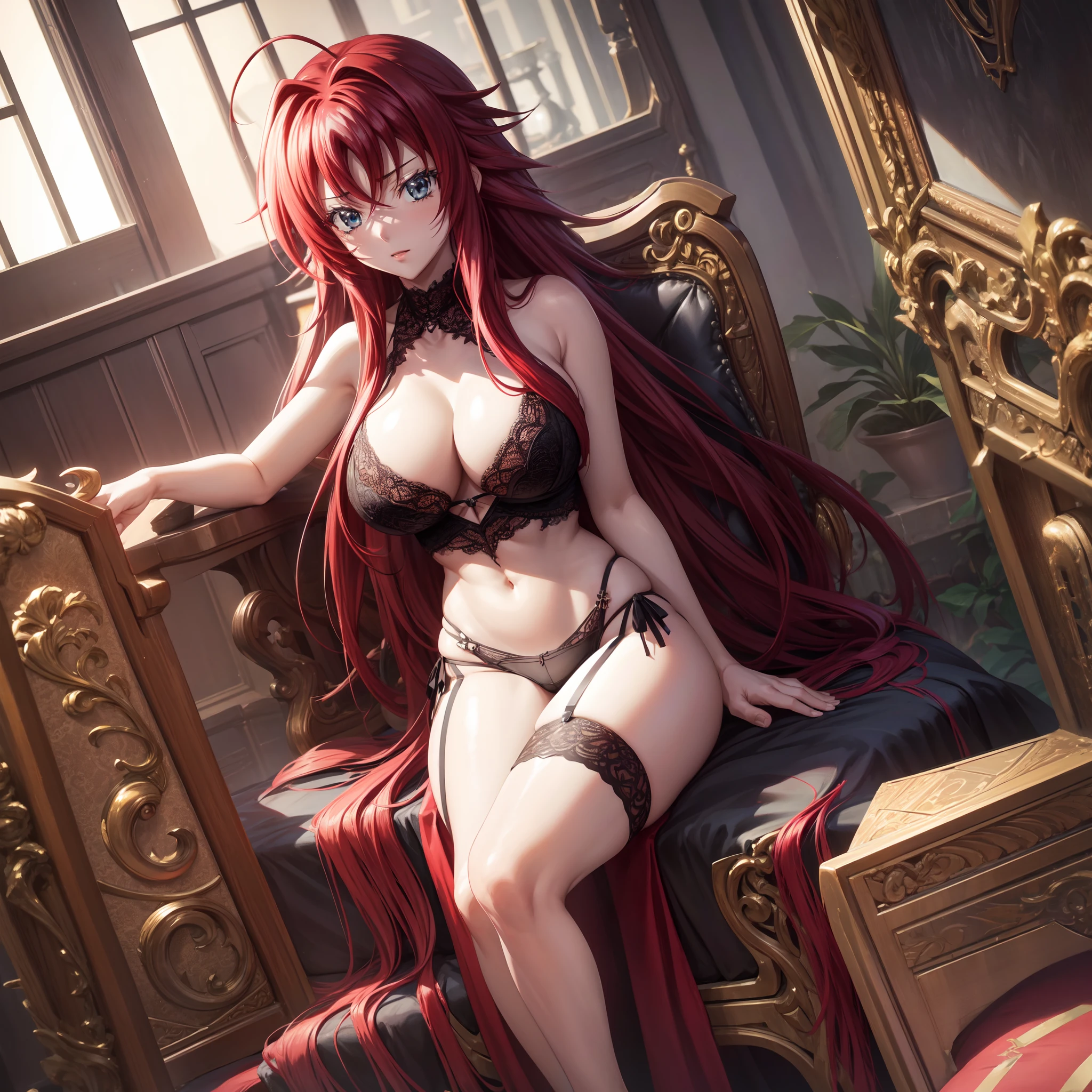 1girl, rias gremory, long hair, crimson long hair, reaches down to thighs with a single hair strand sticking out from the top hair also has loose bangs covering forehead and side bangs framing face, large breast, black lingerie, black bra, black lace panties, black garterbelt with stocking, looking at viewers, sit on bed, perfect finger shape, the number of fingers is not excessive