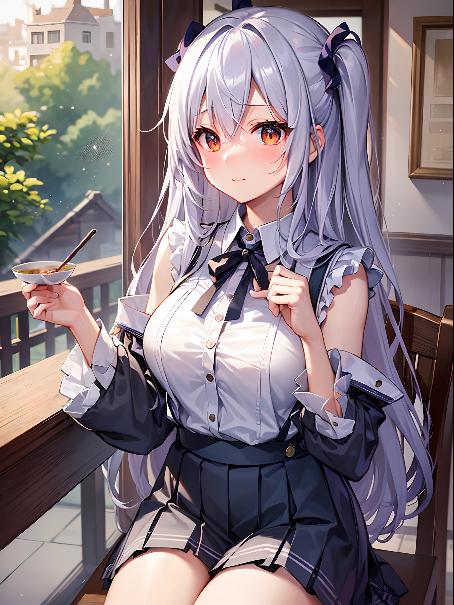 Best Quality, ultra-detailliert, Illustration, silber hair, Aimei,,embarrassed from，red blush，scratching your head，The long-haired，cute  face，beutiful breast，turned around，Suspender Skirt，long-sleeve，Dark blue skirt，neck tie，Close，Angle to show off breasts，look up to，finely detail，a chair、Sit up，tea shop，tea cup