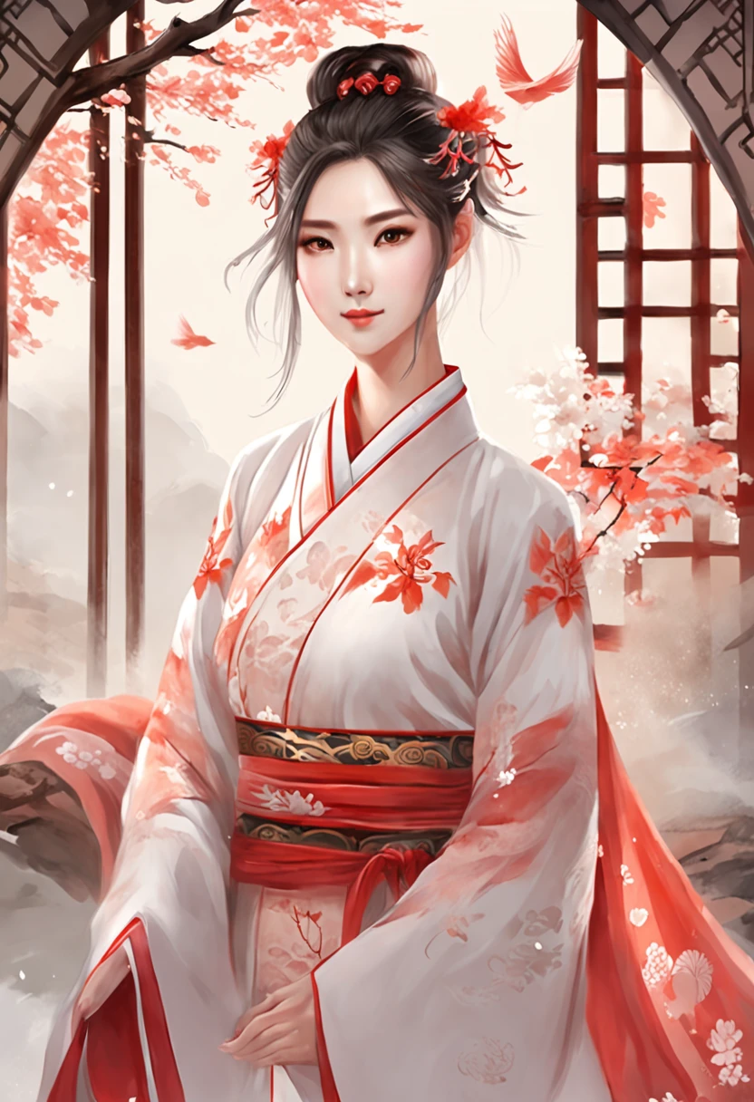 A beautiful Chinese girl stands tall with Hanfu, beside a graceful white nine-tailed fox. realistic, The low-angle shot, along with the light red and white tones used. The girl exudes confidence and strength, while the fox emanates an aura of enchantment and mystery.