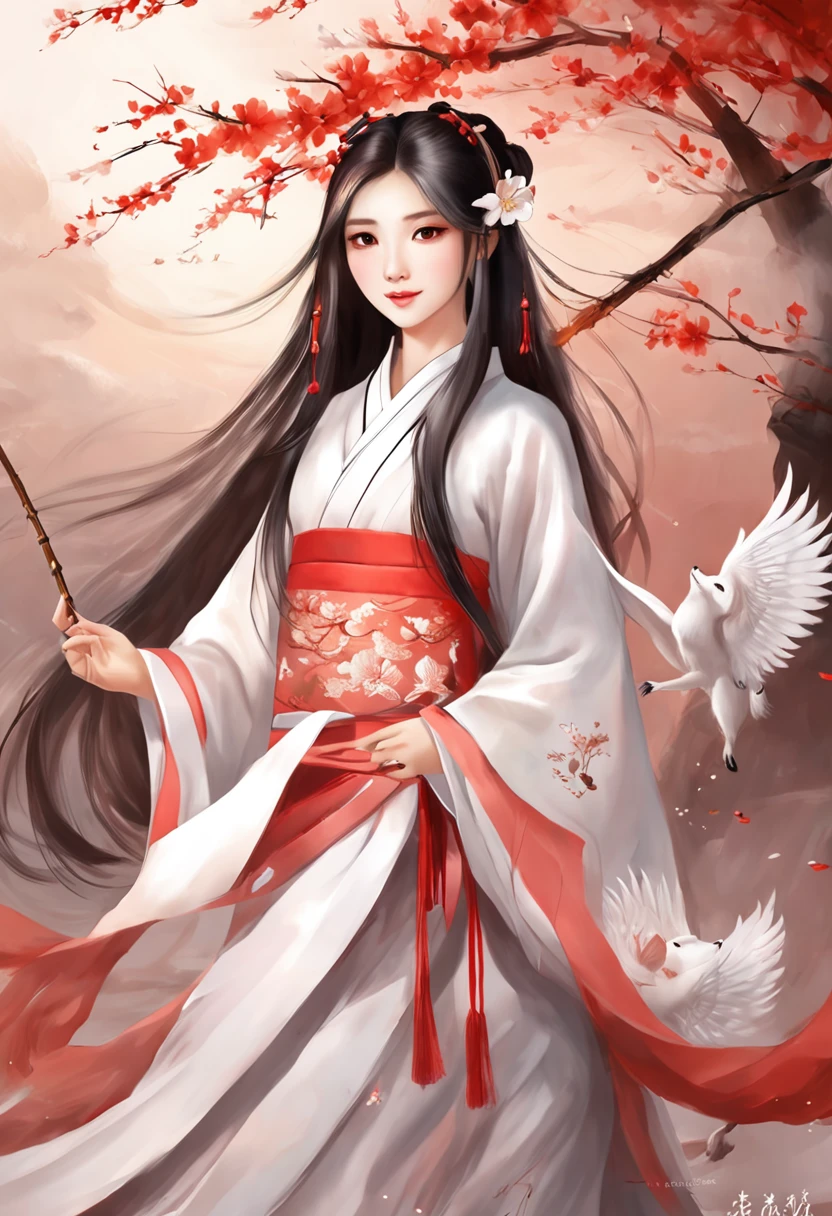 A beautiful Chinese girl stands tall with Hanfu, beside a graceful white nine-tailed fox. realistic, The low-angle shot, along with the light red and white tones used. The girl exudes confidence and strength, while the fox emanates an aura of enchantment and mystery.