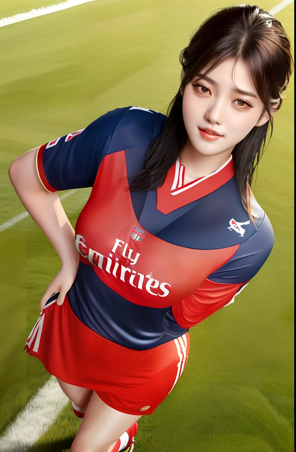 1girl,realistic player football koreangirl ,beautiful realistic face,Gently smiling detailed expresision,sexy,he tall,super big breast,(P cup),sexy girl pose photos,realistic girl sexy, Arsenal number 10 player football girl uniform,full body wet,in field,stand straight up, long black hair wet