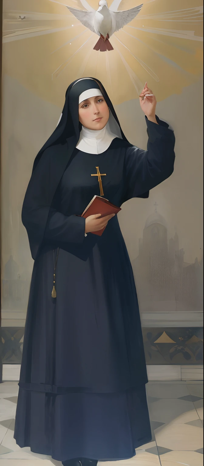 Painting of a nun holding a book and a dove above her head, Retrato gracioso santo, inspirado em Elena Guerra, Catholic Church, nineteenth century, 1896,1897,1900
