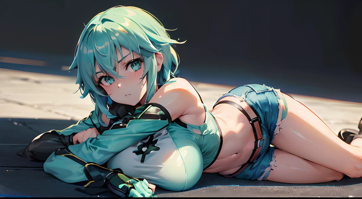 (((Best rendered quality))), (add detail:1.4), a teasing exotic girl, ((sword art online)), ((sinon-sao), sitting with legs-up, voluminous detail, see through shirt lift, crop top peering , semi-torn unbuttoned booty Jean shorts, stimulating waistline, shiny skin, best shadow, (4k ultra HD), open navel, detailed midriff, overlapping thighs with fishnets, alluring beautiful face with mint green eyes, short hair, waist leaning to a side, encouraging sexy foot posing