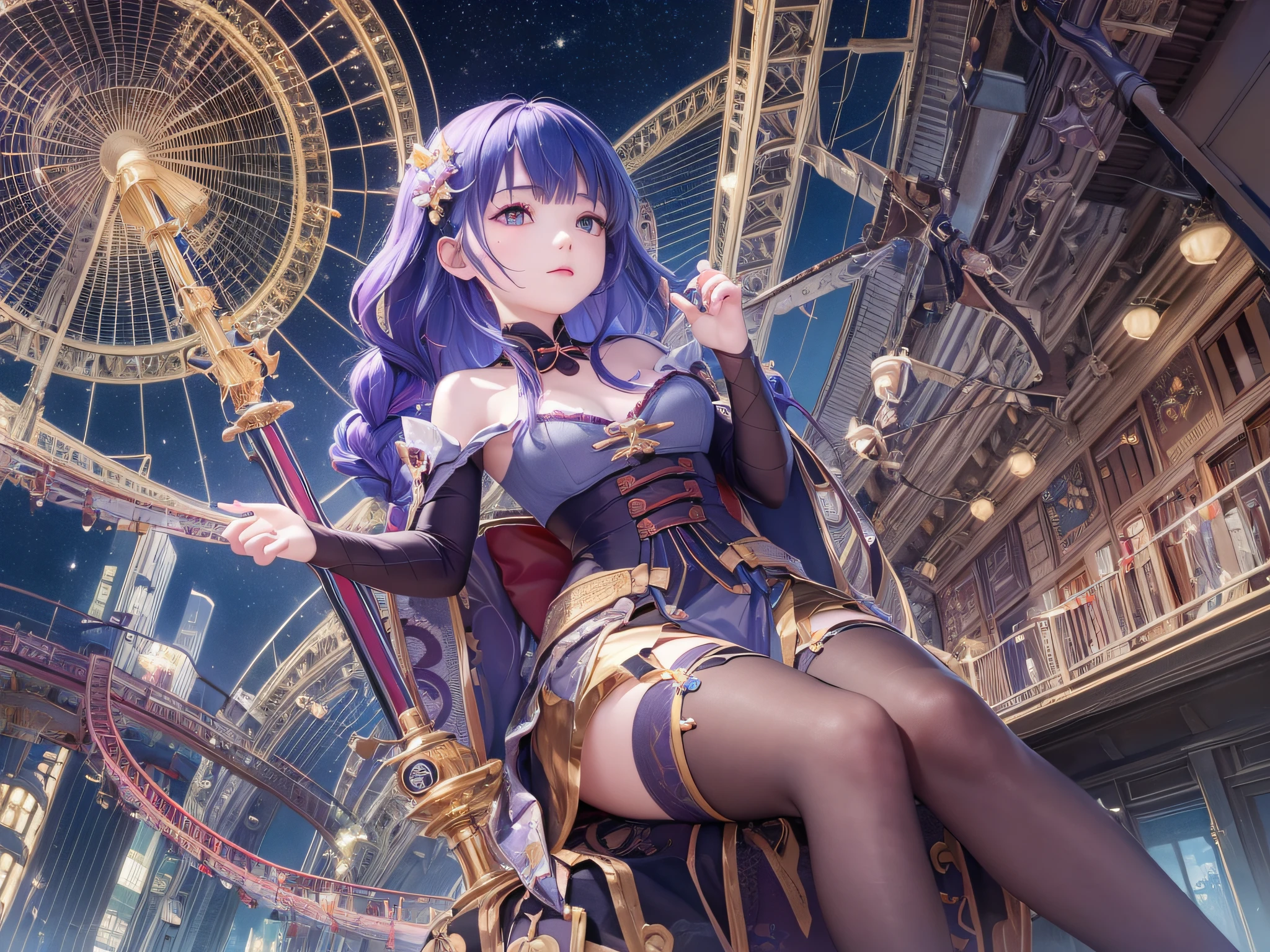 (extremely detailed CG unity wallpaper 8k, masterpiece, best quality, extremely delicate and beautiful work), floating, dynamic angle, [(1 boy + 1 girl):1.2], blue hair, red hair, purple hair, colorful clothes, toys, roller coaster, carousel, Ferris wheels, play of lights, at night [en]. --auto --s2