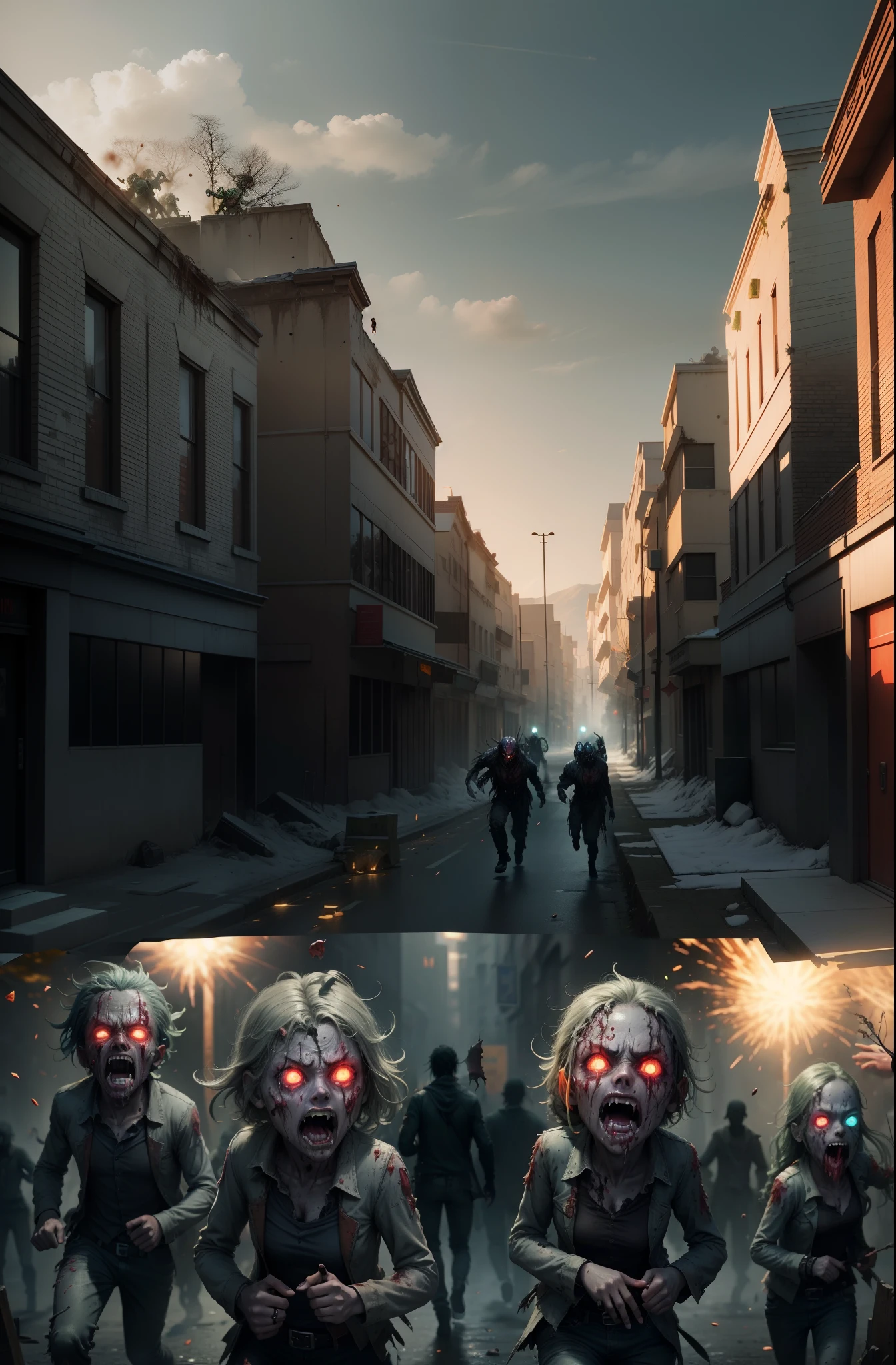Zombies, their lifeless faces etched with bloodthirsty stares, gradually rise from the dead, filling the once peaceful streets with chaos and horror. The camera glides between abandoned buildings, the silence broken only by the groans and heavy breathes of the undead. The air is thick with decay and the scent of rotting flesh. The undead masses shuffle forward, their eyes fixed on the living, reaching out with decaying limbs for their next meal. The scene is a haunting reminder of the fragility of life and the inescapable power of death.
