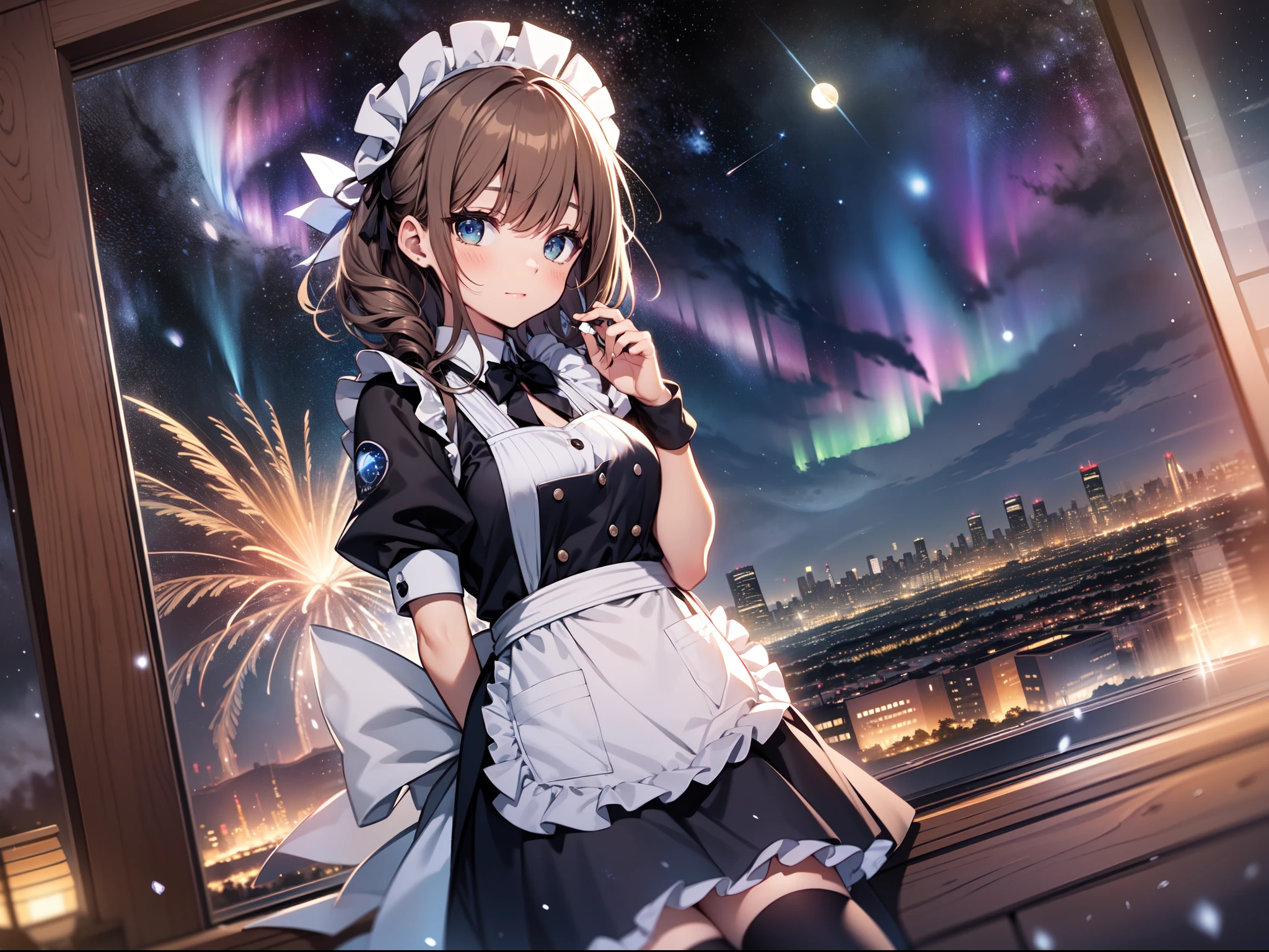 1girl, aerial_fireworks, apron, aurora, brown_hair, city_lights, constellation, crescent_moon, dust, earth_(planet), enmaided, fireflies, fireworks, full_moon, galaxy, indoors, light_particles, maid, maid_apron, maid_headdress, milky_way, moon, moonlight, night, night_sky, planet, rainbow, shooting_star, sky, snowing, solo, space, space_craft, star_(sky), star_(symbol), starry_background, starry_sky, starry_sky_print, tanabata, tanzaku, telescope, thighhighs, waist_apron, white_apron, white_legwear, window