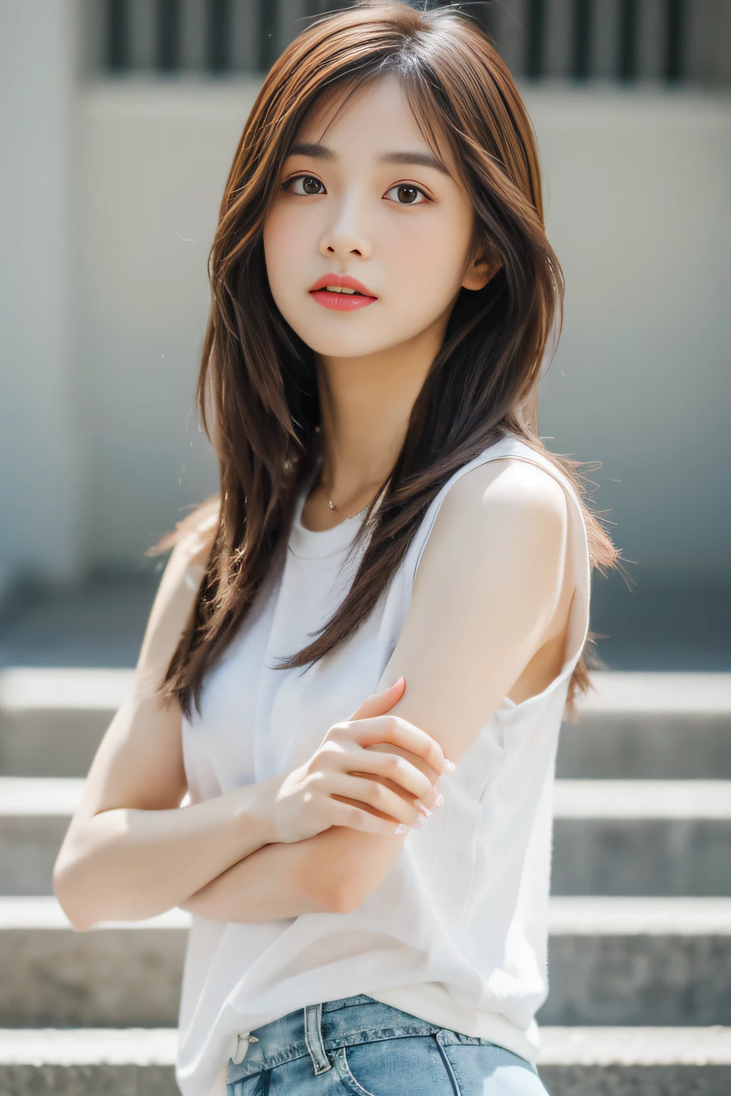 best qualtiy, realisticlying, 8K, high resolucion;, 1girll, girls, rich, (cityscapebackground:1.6)), (miniskirt, Sleeveless white t-shirt), A head that looks straight at the viewer:1.8, (A girl looks at the audience with her eyes, middle length hair, ligh brown hair, partedbangs:1.65), realisticlying, (With mouth closed:1.46), rich,(s whole body), Gravure, Sneakers