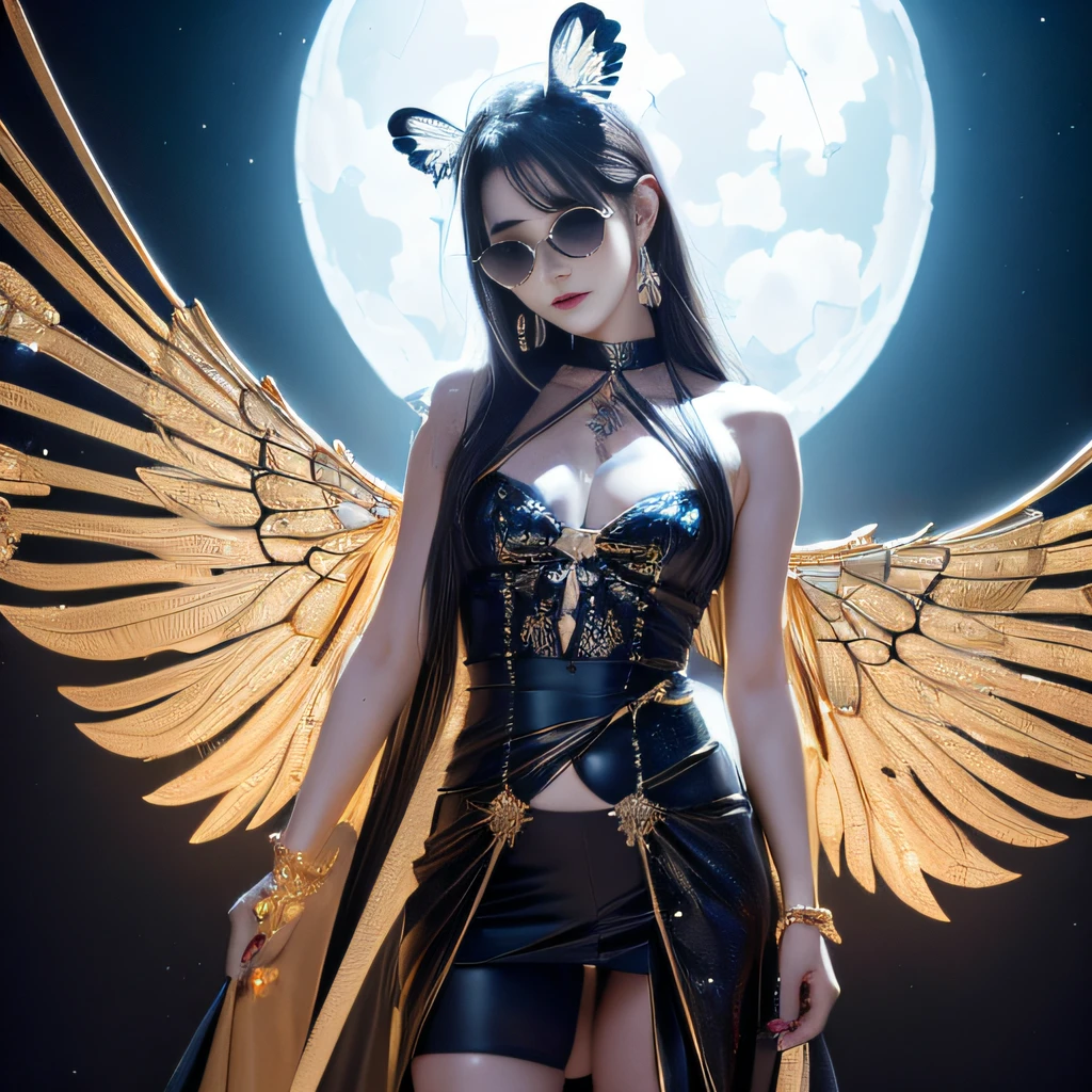 Dark moonlit night,Transparent wings,Thigh bone magic wand,Wear thick gold-framed reflective sunglasses,32K(tmasterpiece,k hd,hyper HD,32K)Light orange flowing ball hairs,Silver Skull jewelry district in an abandoned pond,Cobalt blue skeleton ,Thigh bone magic wand(The skeleton is realistic:1.4),Skull pattern robe,Silver skull flower ornaments,Petals flutter,Thigh bone magic wand,Hold your head high,Be proud,The nostrils look at people, A high resolution, the detail, RAW photogr, Sharp Re, Nikon D850 Film Stock Photo by Jefferies Lee 4 Kodak Portra 400 Camera F1.6 shots, Rich colors, ultra-realistic vivid textures, Dramatic lighting, Unreal Engine Art Station Trend, cinestir 800,Hold your head high,Be proud,The nostrils look at people,Tsundere,Petals flutter,Petals flutter,Sprinkle with gold dust,Fluttering,Impeccable,( reasonable design, Clear lines, High sharpness,Best quality, Very detailed skeleton, Thigh bone magic wand, offcial art, movie light effect, 4K skeleton(((Wear thick gold-framed reflective sunglasses)))Transparent wings,Magic wand,