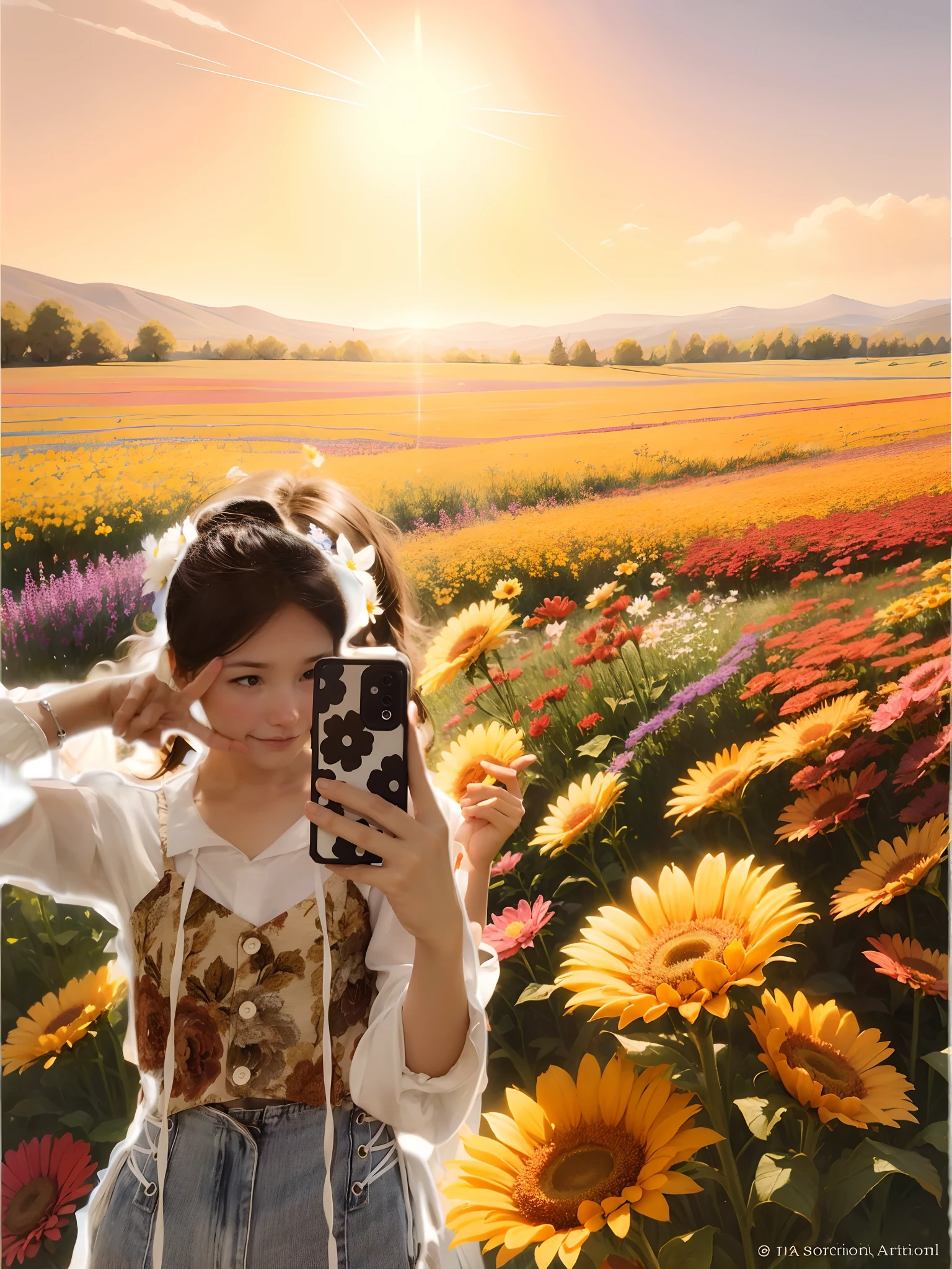 Floral photography, Impressionistic style, Fine art photo of sun-drenched wildflower field. The colors are vivid and saturated, Each flower is carefully framed within a frame. The lighting is warm and natural, The sunlight casts a soft glow on the site. The overall effect is refreshing and tranquil, The audience seemed to be standing in the middle of a beautiful summer day., fine art photography, Landscape Photography, Deep colors, earth tones