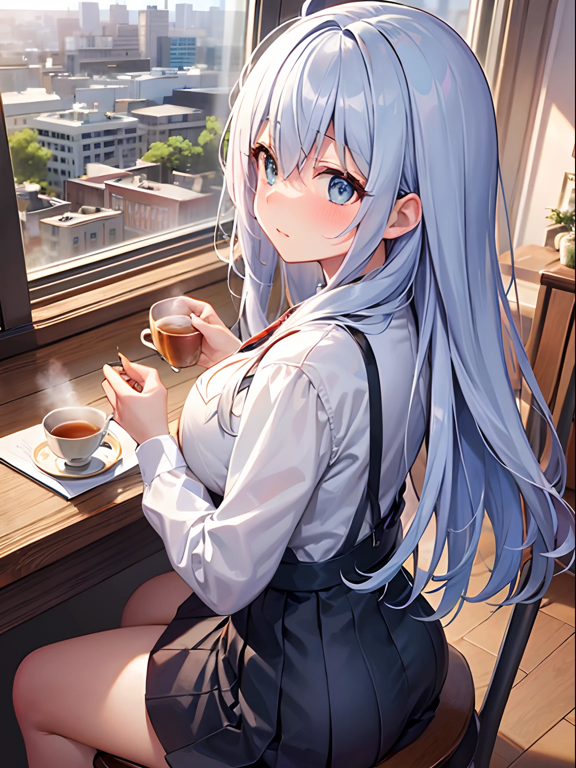 Best Quality, ultra-detailliert, Illustration, silber hair, Aimei,,embarrassed from，red blush，scratching your head，The long-haired，cute  face，beutiful breast，turned around，Suspender Skirt，long-sleeve，Dark blue skirt，neck tie，Close，Angle to show off breasts，look up to，finely detail，a chair、Sit up，tea shop，tea cup，desk