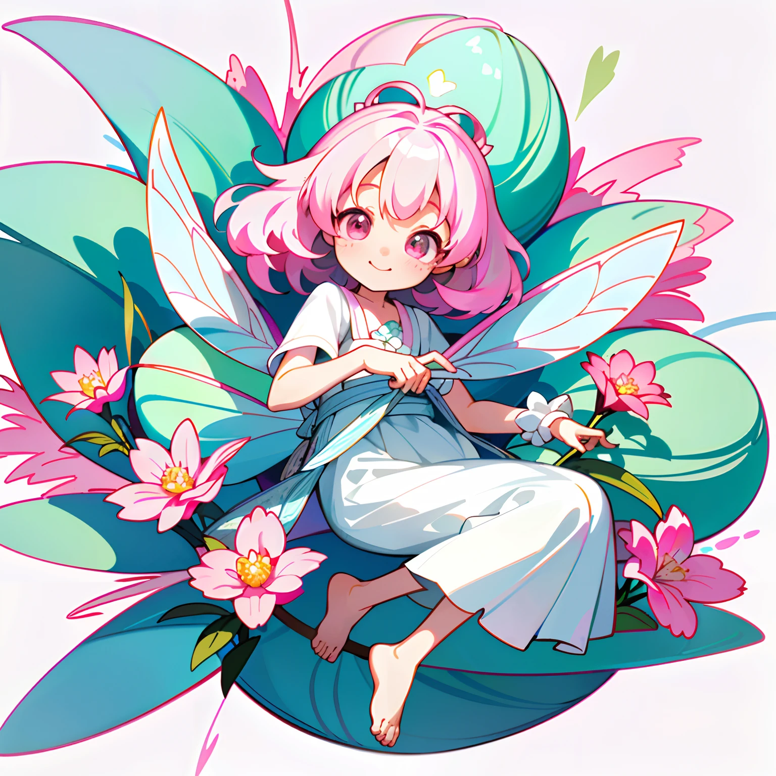 absurderes, A high resolution, (Anime style:1.1),((masutepiece)), ((Best quality)), (Ultra-detailed), (Beautiful),((kawaii girl)、Top image quality、tmasterpiece、Flat background、Without background、full body Esbian、1 rapariga、独奏、Cute Baby Turtle、50mm portrait、Delicate facial features、Half realistic、foco nítido、Crystal clear white skin、full body Esbian、(Hair color pink)、Flower garden、Smell the flowers、are flying、(A small fairy with a total length of about 10 cm:1.2)、(gently smiling)、Pink delicate eyes、(Bare legged)